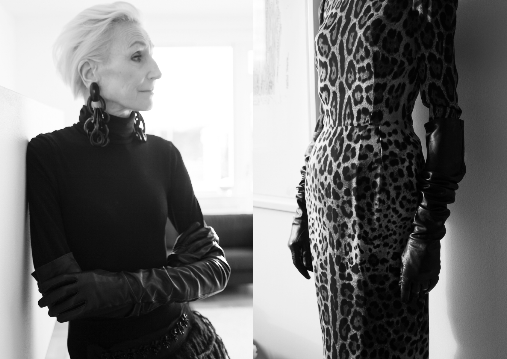 Til venstre: Øyredobbar frå Monies. Body frå Wolford. Vintage skjørt frå Christian Lacroix. Til høgre: Kjole: Dolce & Gabbana