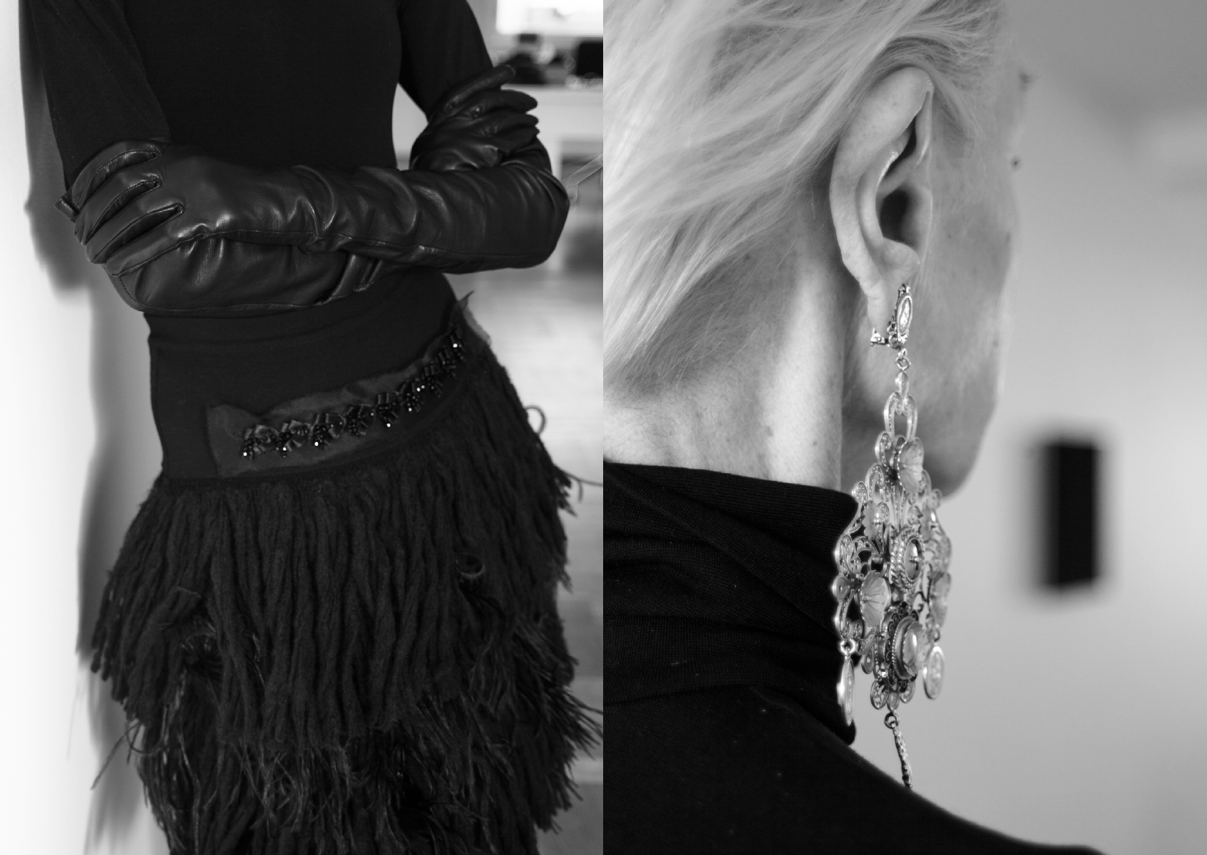 Til venstre: Body frå Wolford. Vintage skjørt frå Christian Lacroix. Til høgre: Øyredobbar frå Dolce & Gabbana.
