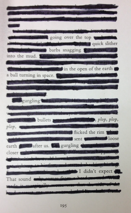 Example of redacted poetry from the Scottish Poetry Library (using a page from Pat Barker’s ‘The Ghost Road’)