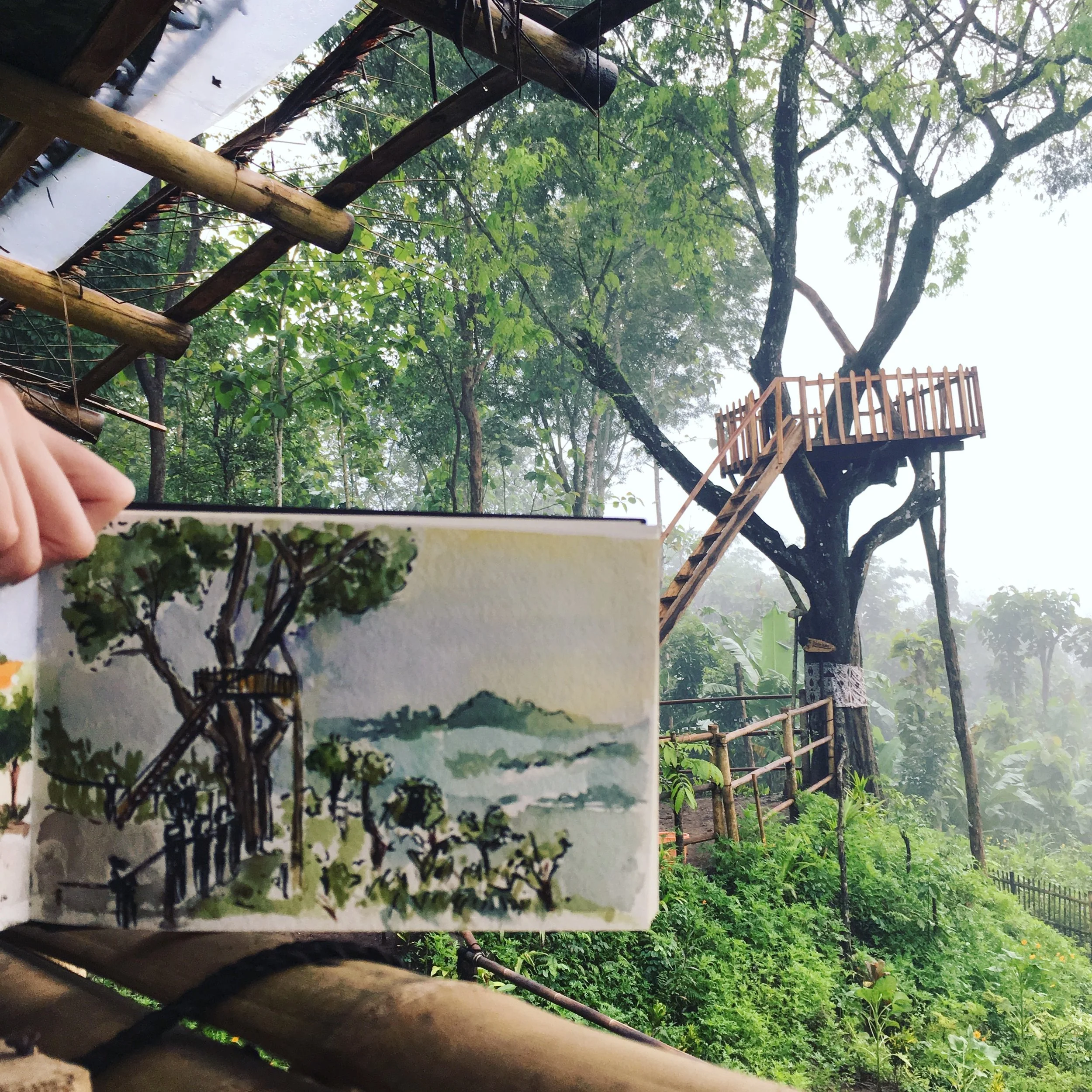 This was sketched on a treehouse on Bukit Barede when we caught the sunrise overlooking the Borobudur. 