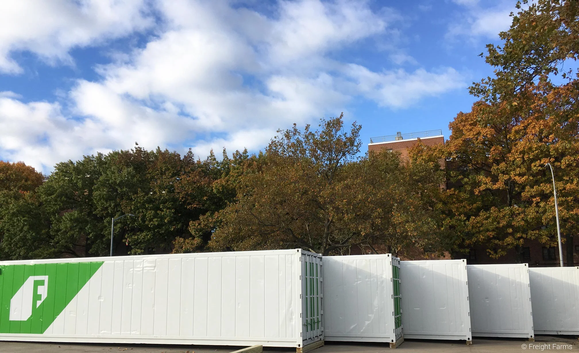 Freight Farms containers before they got custom wraps with the Square Roots branding!
