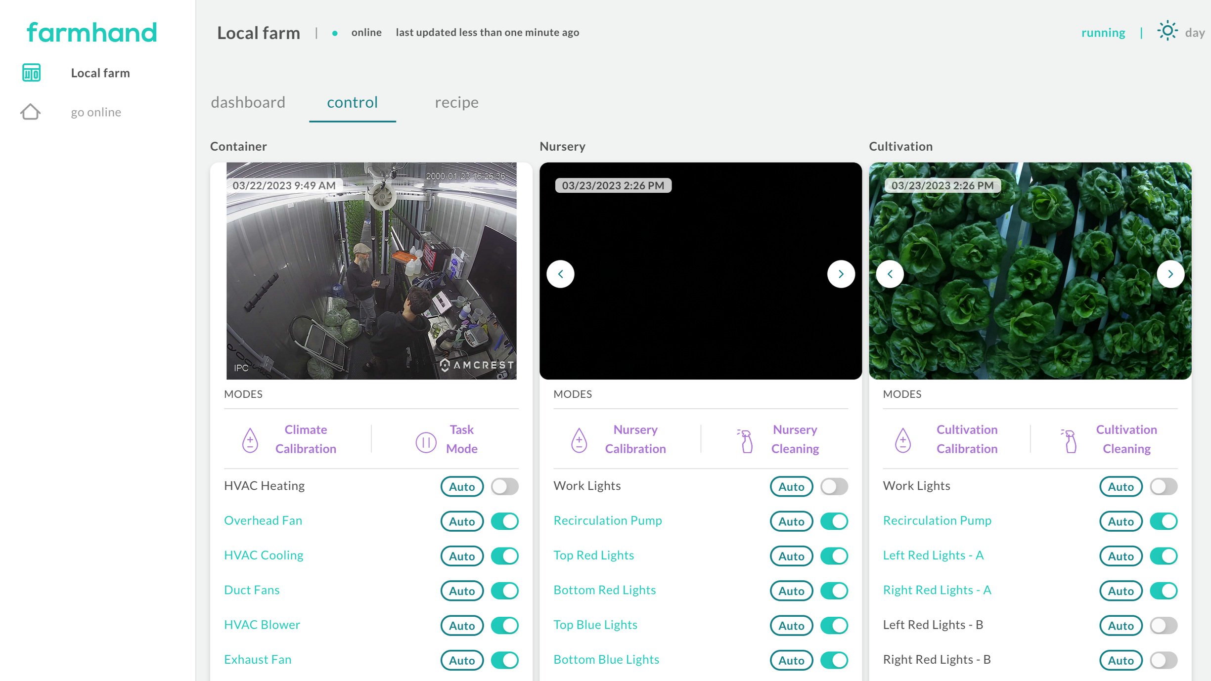  Farmhand’s Control page gives you a complete view of your farm and which systems are currently running. 