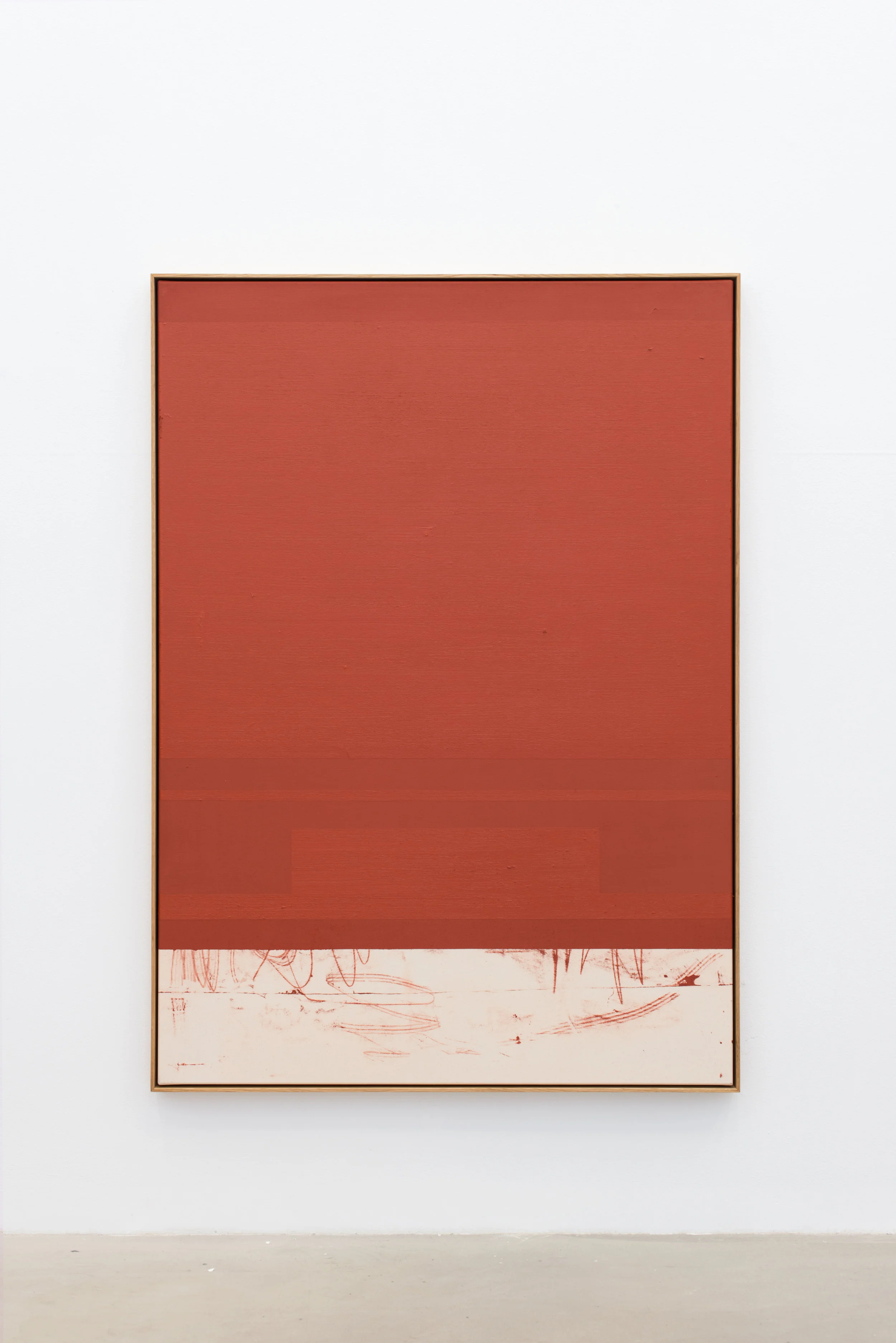 “Red Open”, acrylic and oilstick on canvas in oak frame, 163 x 117,5 cm.