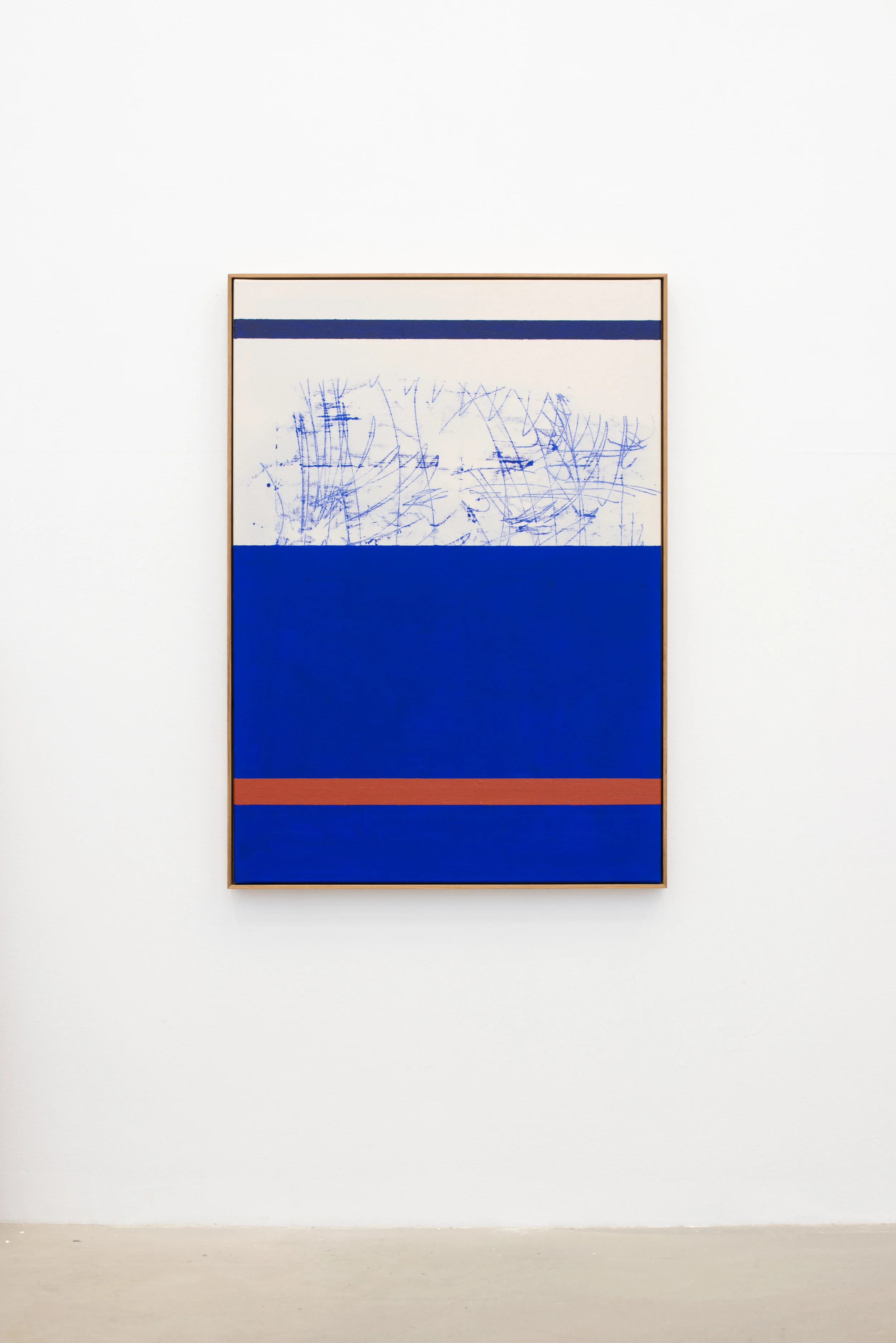 “Composition Blue/Red Line”, acrylic and oilstick on canvas in oak frame, 123 x 88 cm.