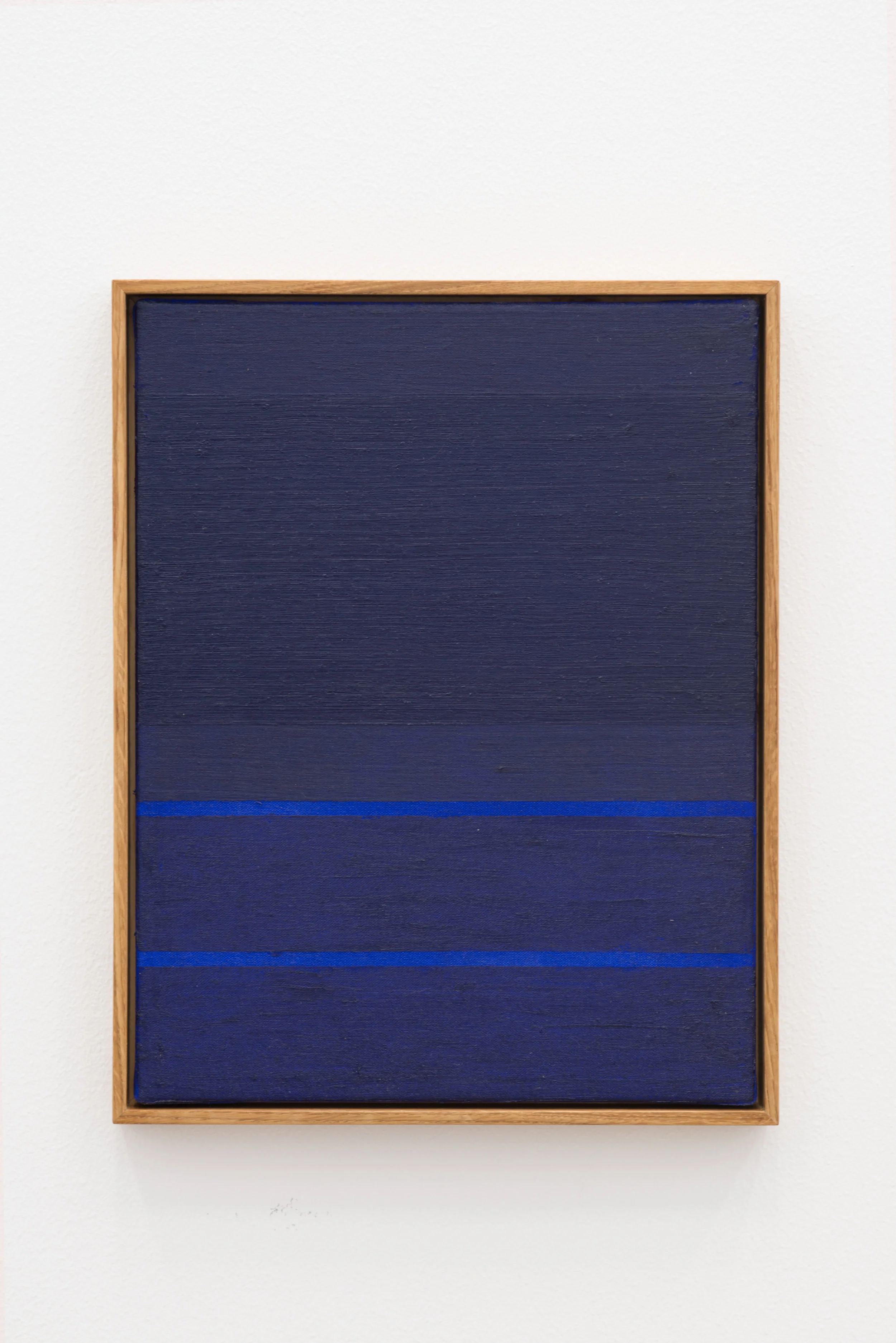 “Composition Blue/Two Light Blue Lines, acrylic and oilstick on canvas in oak frame, 47 x 37 cm.
