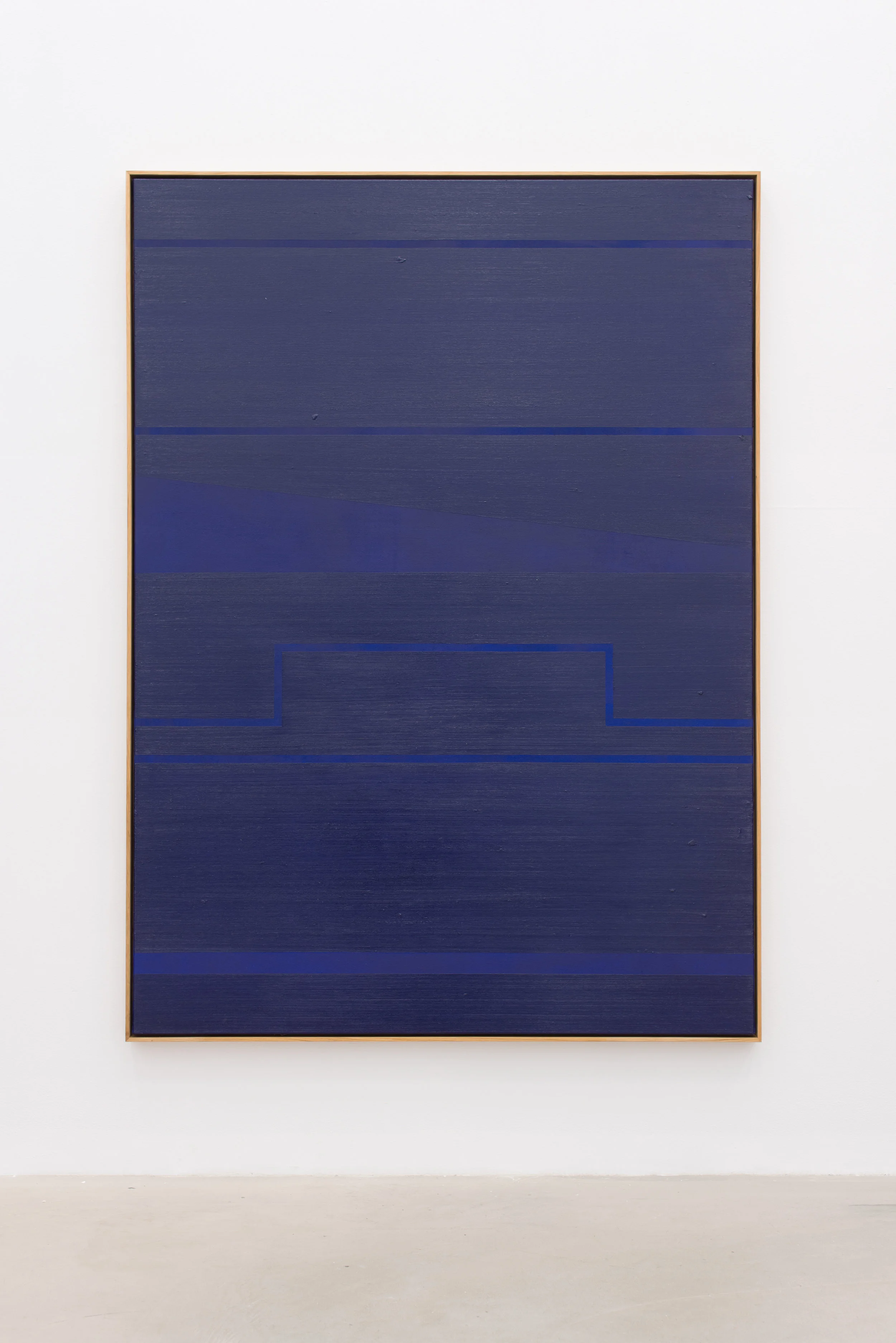 “Blue Home”, acrylic and oilstick on canvas in oak frame, 203 x 148 cm.