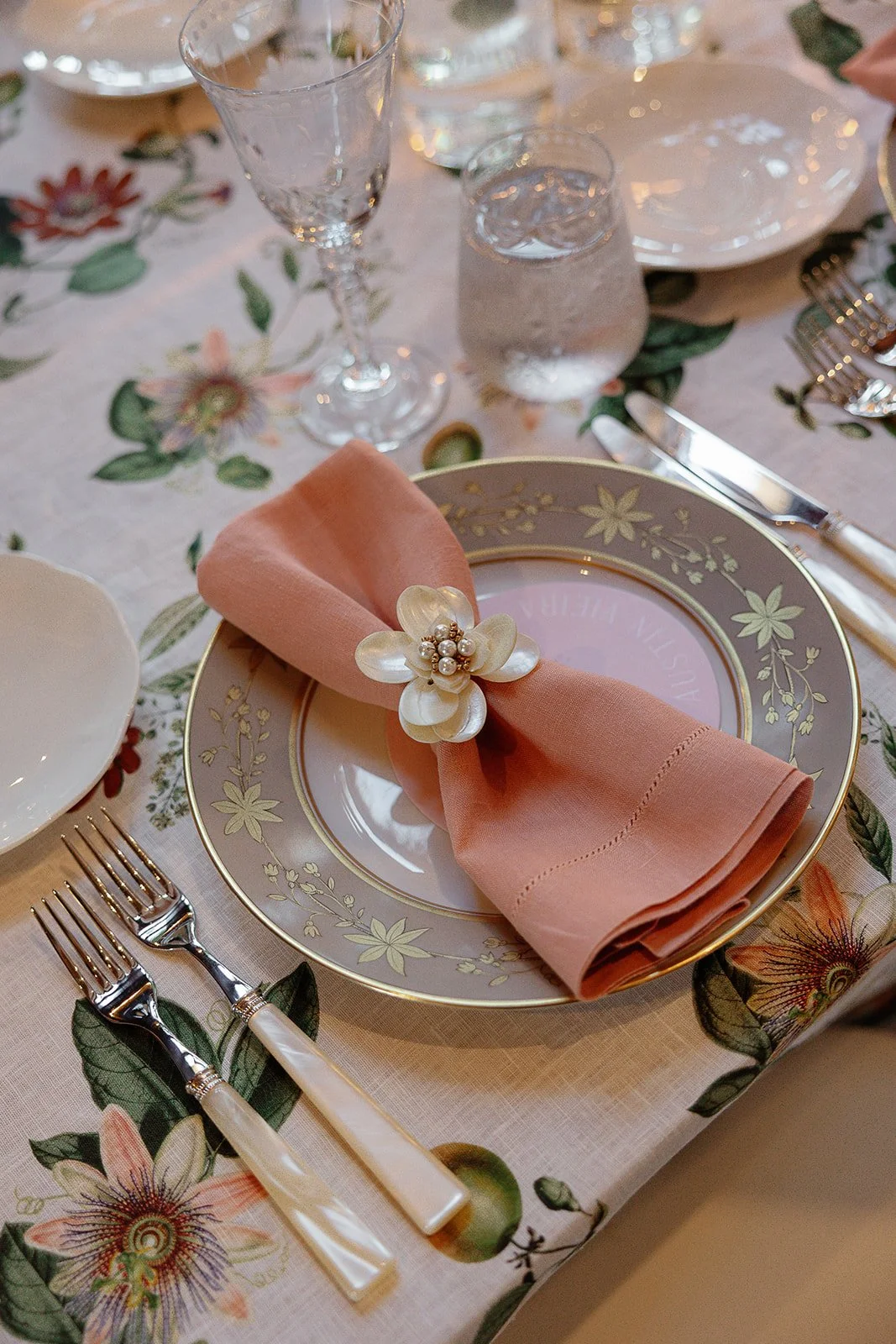 Pink Napkins and Patterned Linens on Reception Tables – Kohl Mansion Bay Area Wedding | L’Relyea Events