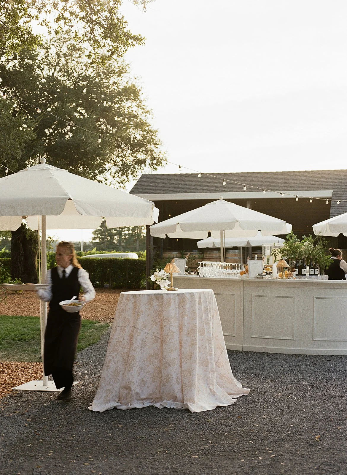 Guest candid moments at vineyard reception tables under oak trees at Sonoma County Oak Grove Estate wedding by L’Relyea Events
