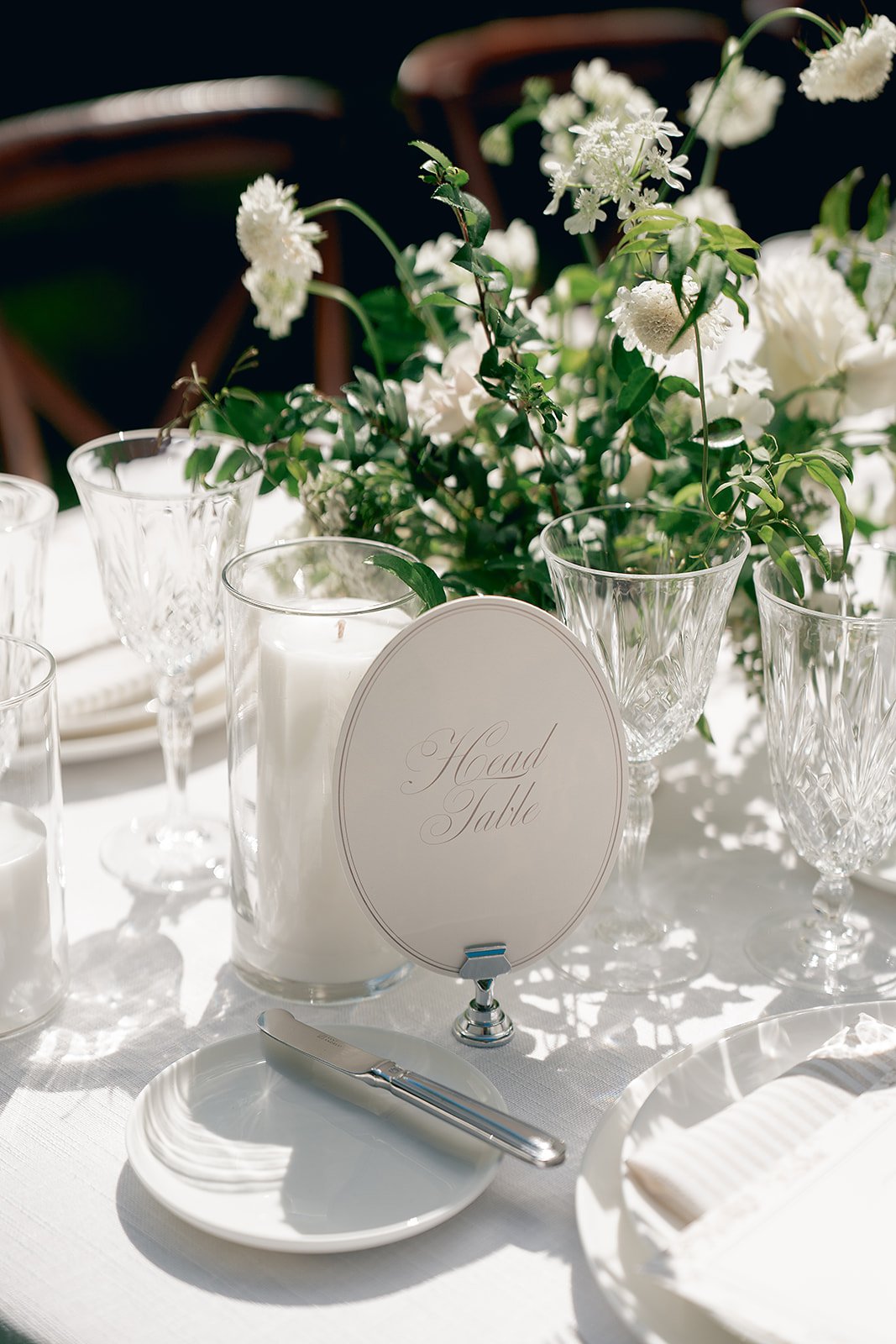 Wedding Reception Table Number and Dinner decor at Oak Grove Estate in Sonoma County, designed by L’Relyea Events