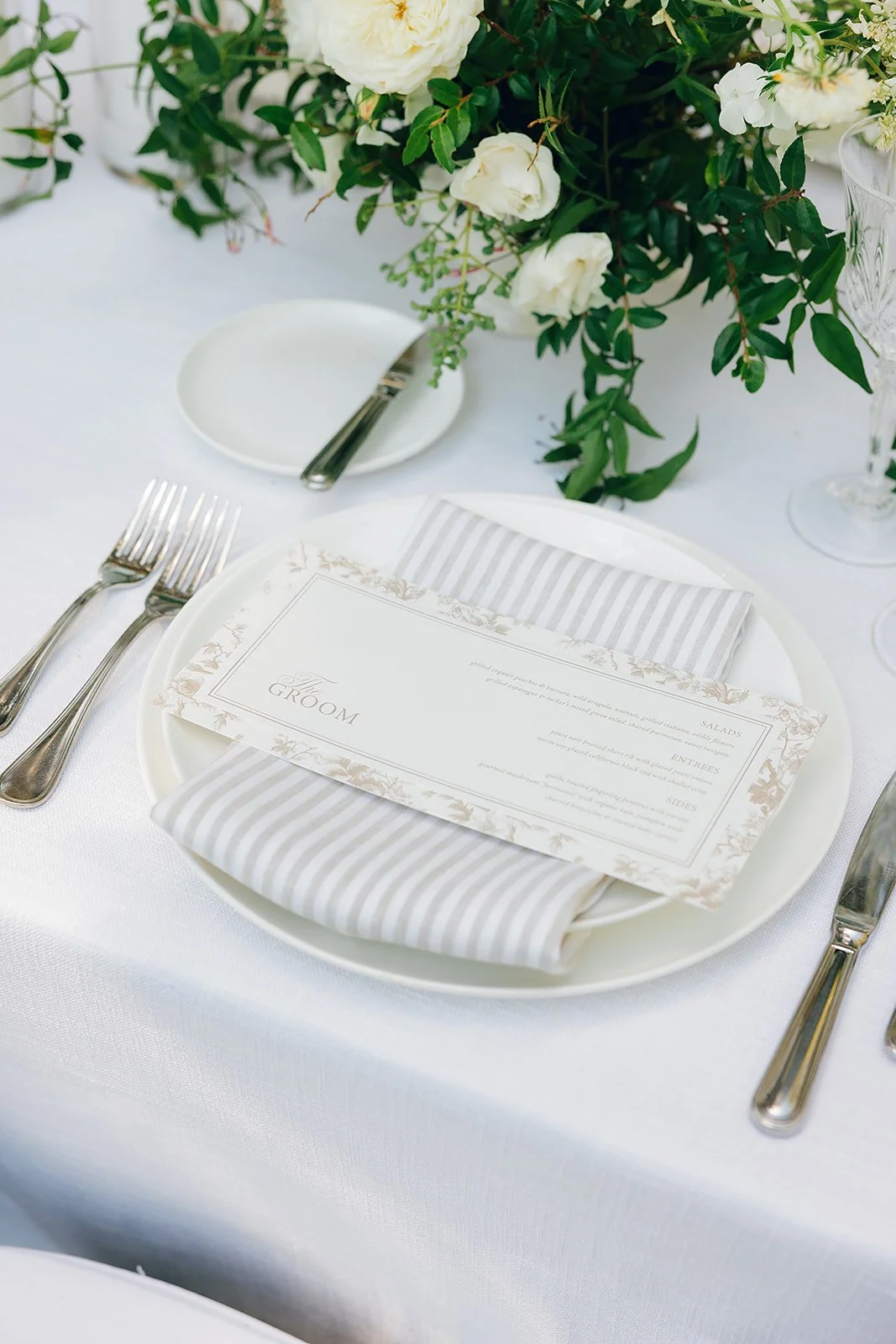 Dinner menus on Striped Linen Napkins at Oak Grove Estate in Sonoma County, designed by L’Relyea Events