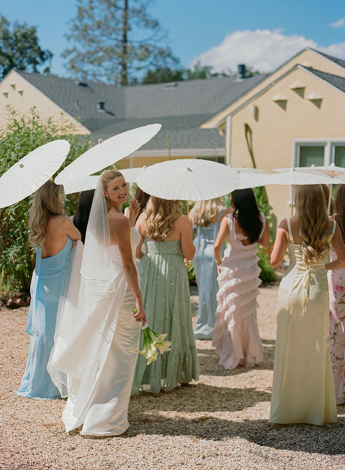 Colorful Bridal Party Dresses at Oak Grove Estate wedding in Sonoma County, styled by L’Relyea Event