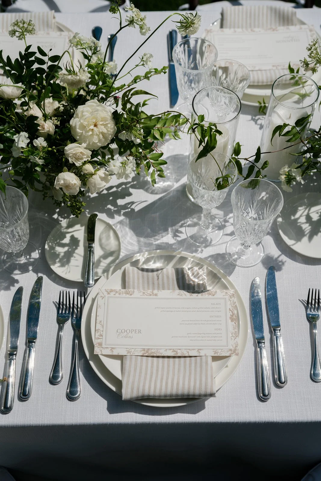 Dinner menus on Striped Linen Napkins at Oak Grove Estate in Sonoma County, designed by L’Relyea Events