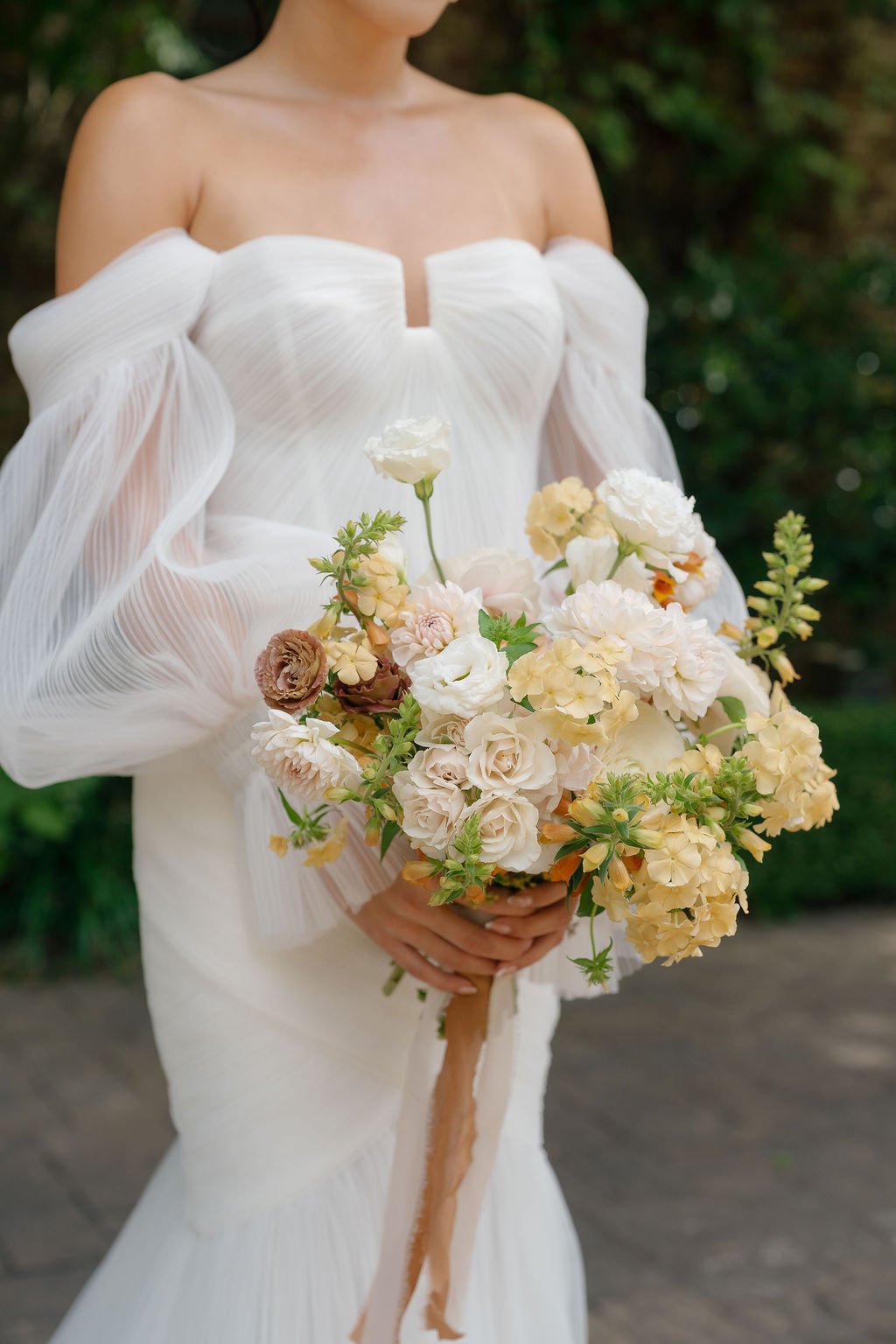 Bride in Wedding Gown with modern and romantic bouquet – Estate Yountville Napa Valley Wedding