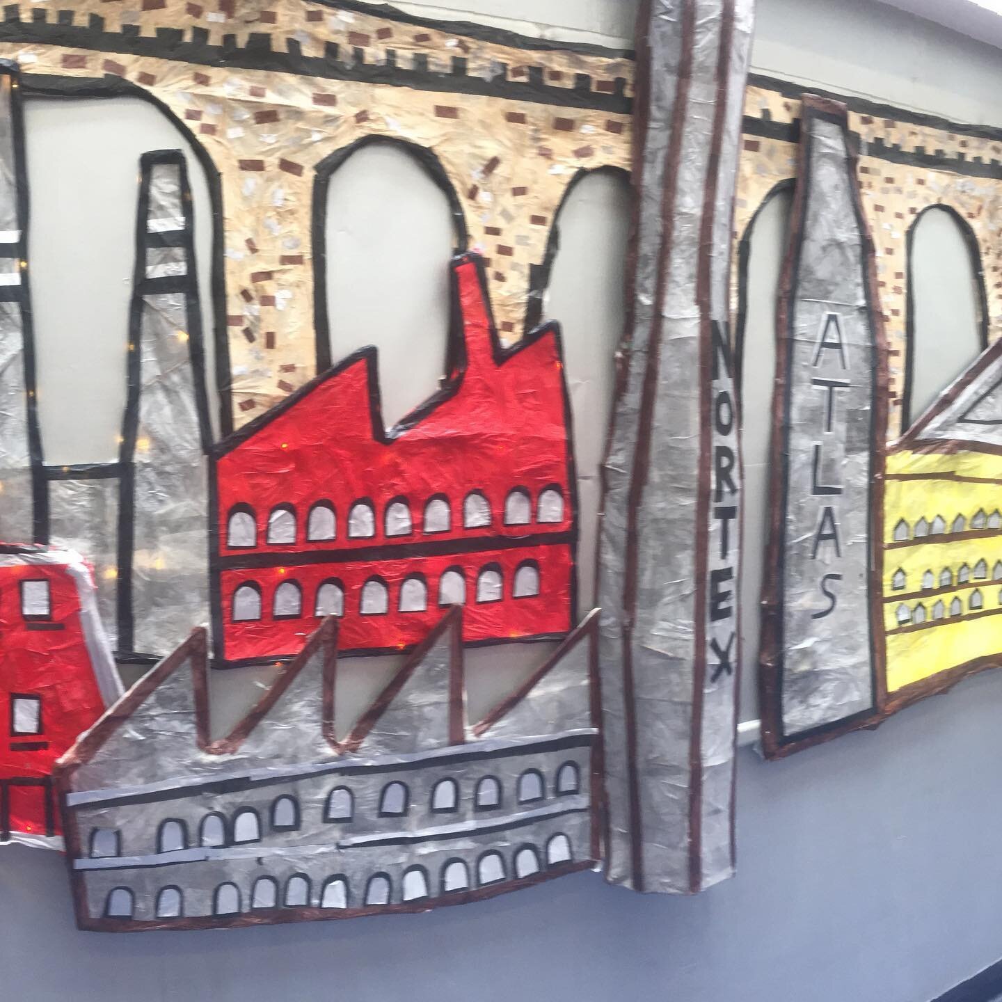 Lowry inspired industrial landscape built with Oxford Grove Primary in Bolton #bolton #schoolartworkshop #artworkshop #schoolart #artistsinschools #sculptureworkshop #schooldisplay #lowry #tslowryinspired