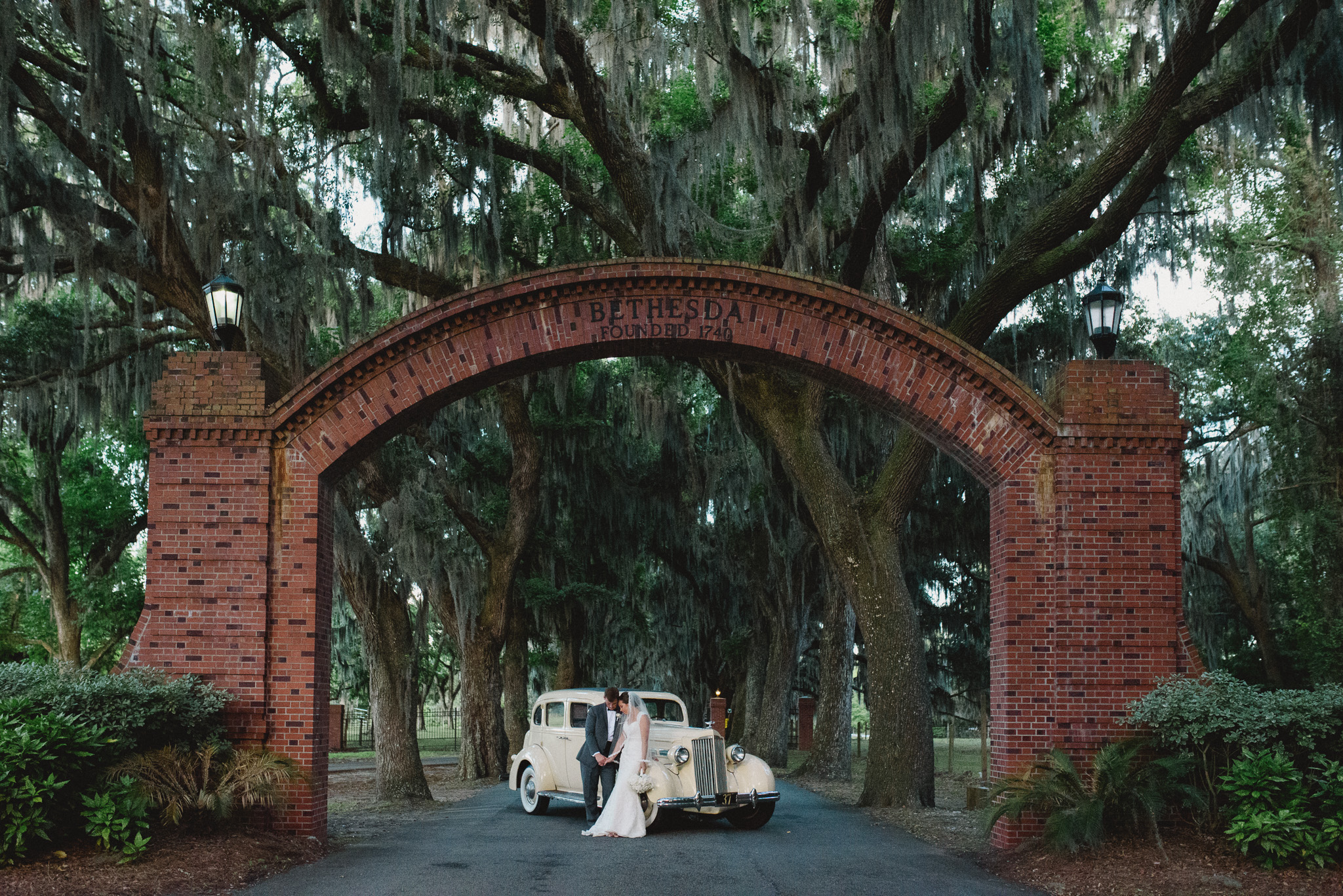 Savannah Wedding Photographer - Bride and Groom at Bethesda with classic car