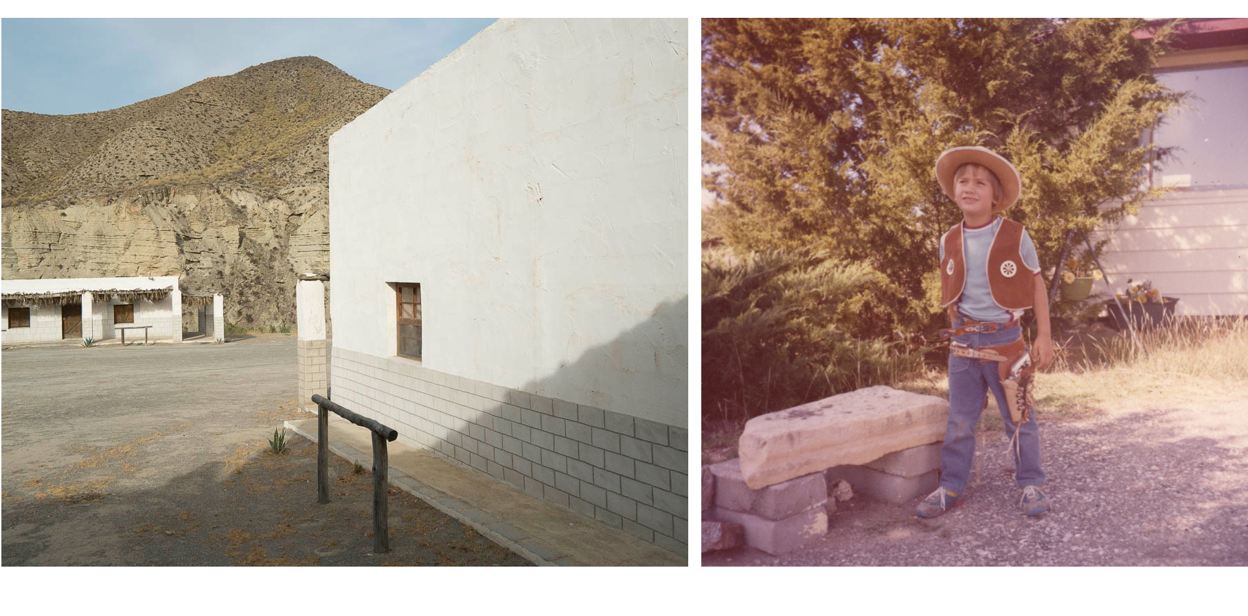 Jeremiah Ariaz, Western Leone #15, film studio, Spain, 2012 (left) childhood photograph of artist, Jeremiah Ariaz, courtesy of his mother.