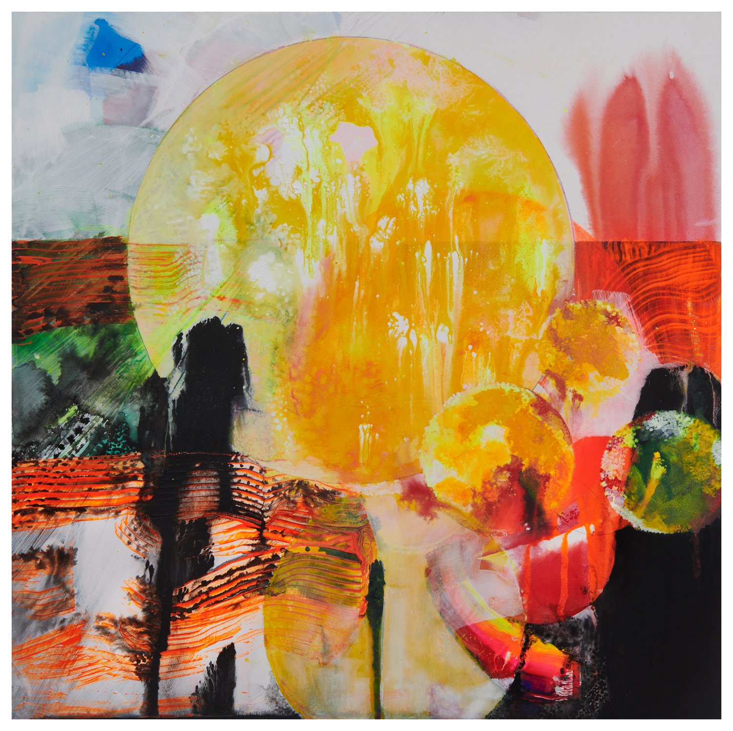 19. Millie Benson, Burning Sun with Baby Suns, Gouache, Spray Paint, Pencil on Wood 16 x 16 inches 2022.jpg