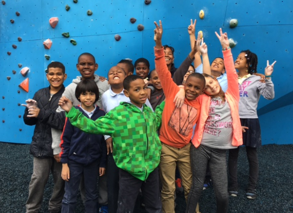 Kids from our ClimbUp Program on a summer day at DUMBO Boulders