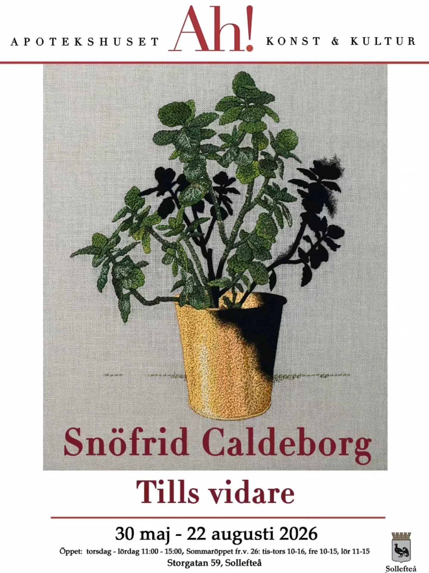 L&ouml;rdag 30 maj klockan 13.00 ‐ 15.00 &auml;r det vernissage f&ouml;r utst&auml;llningen Tills vidare p&aring; Apotekshuset Konst &amp; Kultur i Sollefte&aring;! 
Jag kommer att visa verk fr&aring;n broderiprojektet Sv&auml;rtan och skulpturprojek
