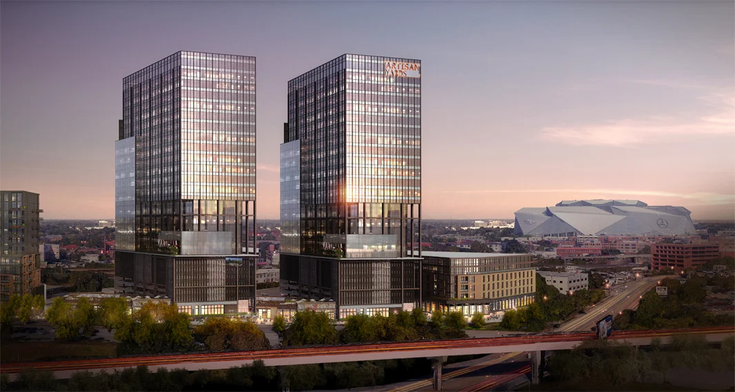 A rendering of what could come to a 10-acre downtown site that’s now on the market.