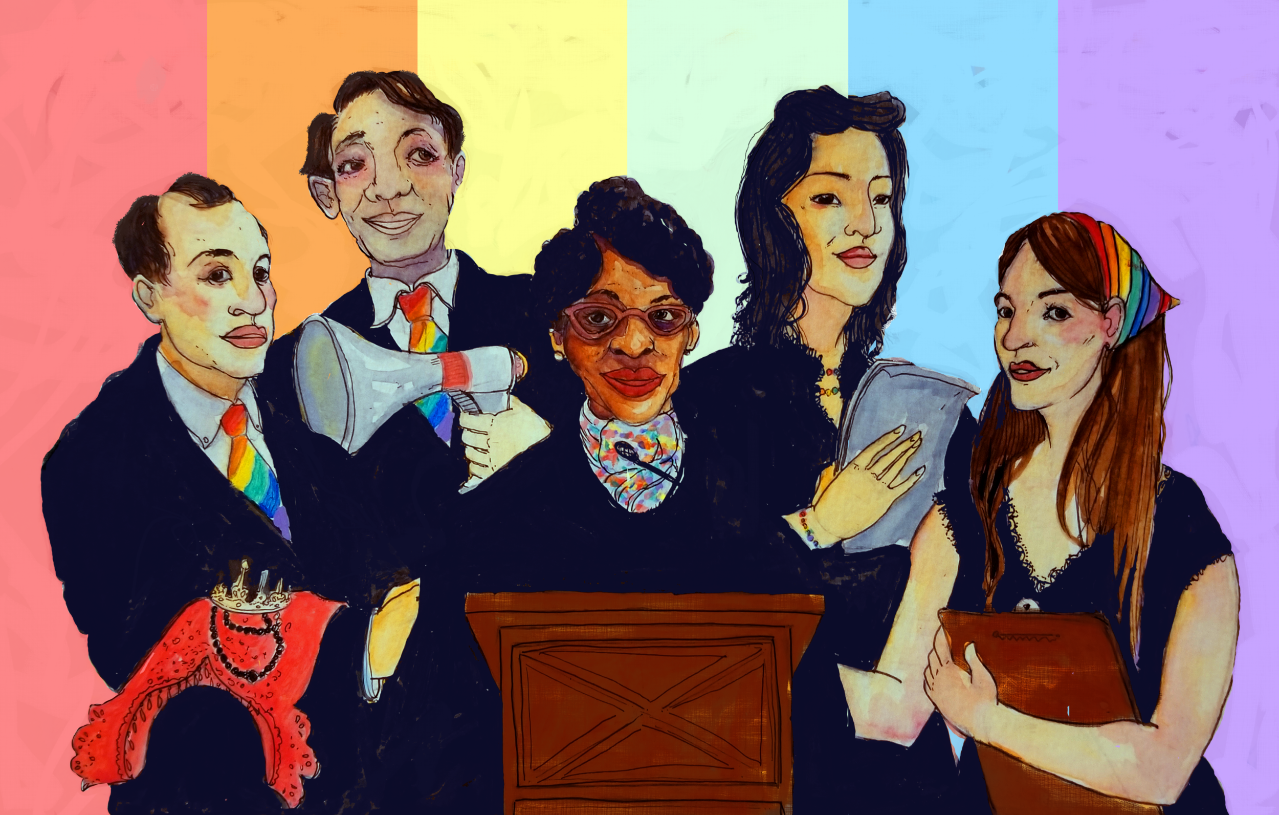 José Sarria, Harvey Milk, Althea Garrison, Kim Coco Iwamoto, and Danica Roem (Illustrated by Mel Paisley)
