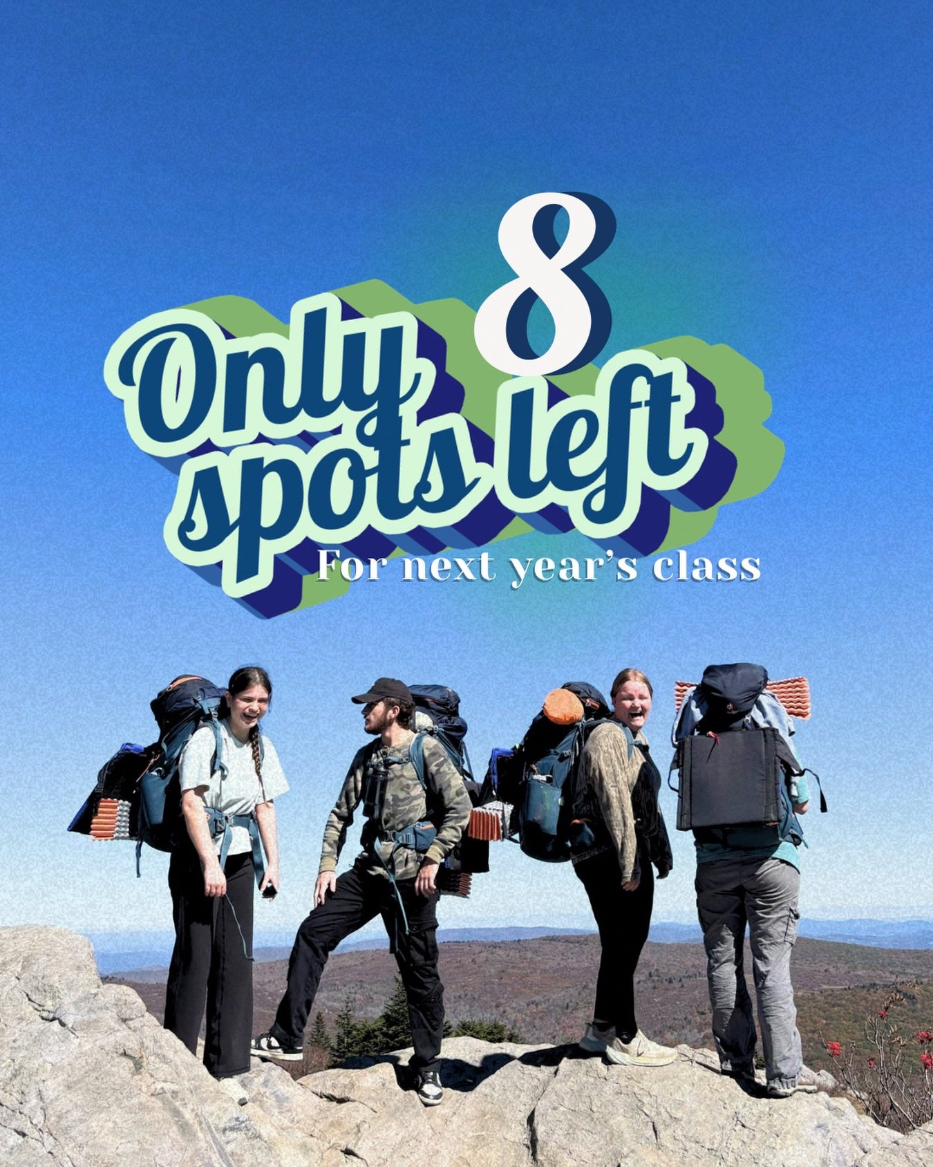 3 guy spots &amp; 5 girls spots left for the class of 2026-2027! 

You don&rsquo;t have to be certain to apply! Just do the next right thing and see if God opens the doors! 

It just might be first step of the adventure of a lifetime! 

Link in bio! 