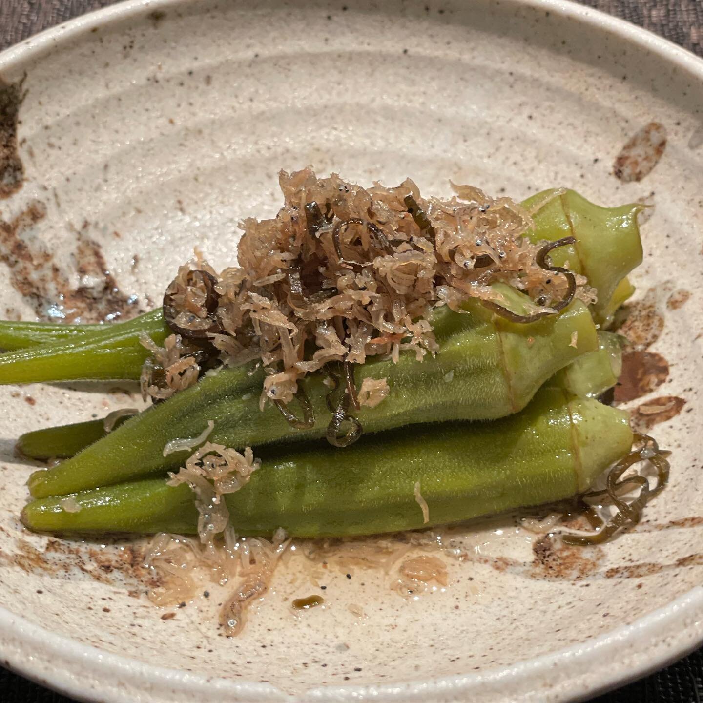 Okra w/sardines &amp; Kombu seaweed flakes 
#new #menu #japanese #japanesefood #okra #furikake #sardine #shirasu #special #japaneserestaurant #astoria #astoriany #astorianyc #astoriaqueensnyc #astoriaqueens