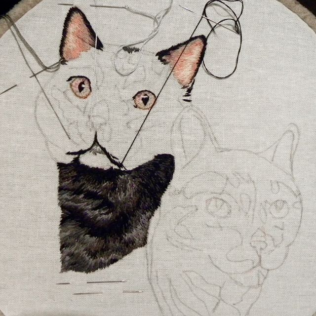 My&nbsp; second cat commission and just like my first one it's a duo. Any guesses why I get solo pups and pairs of cats? .
.
.
.
#embroidery #embroideryinstaguild #petportrait
#portrait_mood #makersgonnamake #catportrait #embroiderylove #embroideryma
