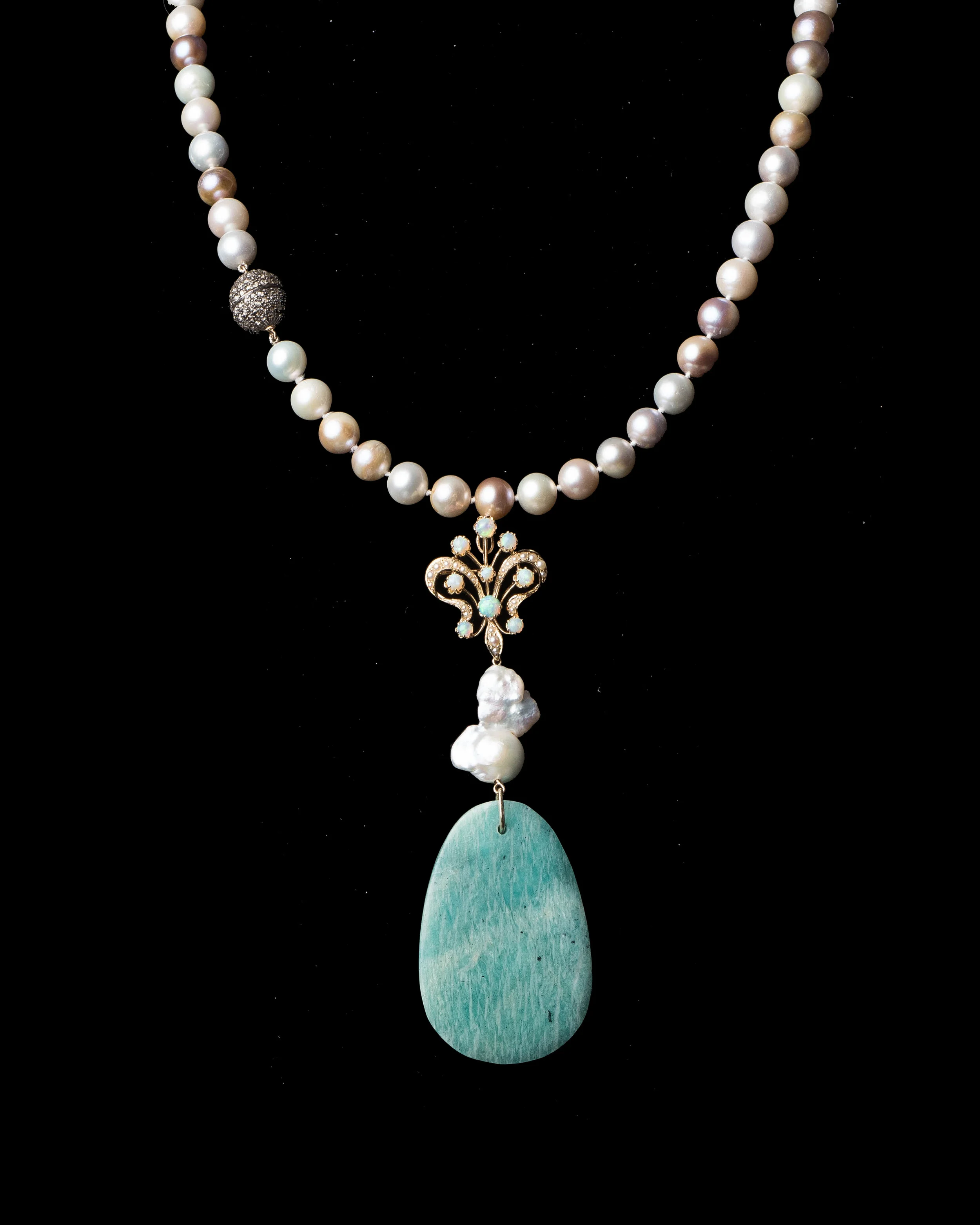mulit color olor pearl and diamond necklace with turquoise , baroque pearl and opal pendant/n7