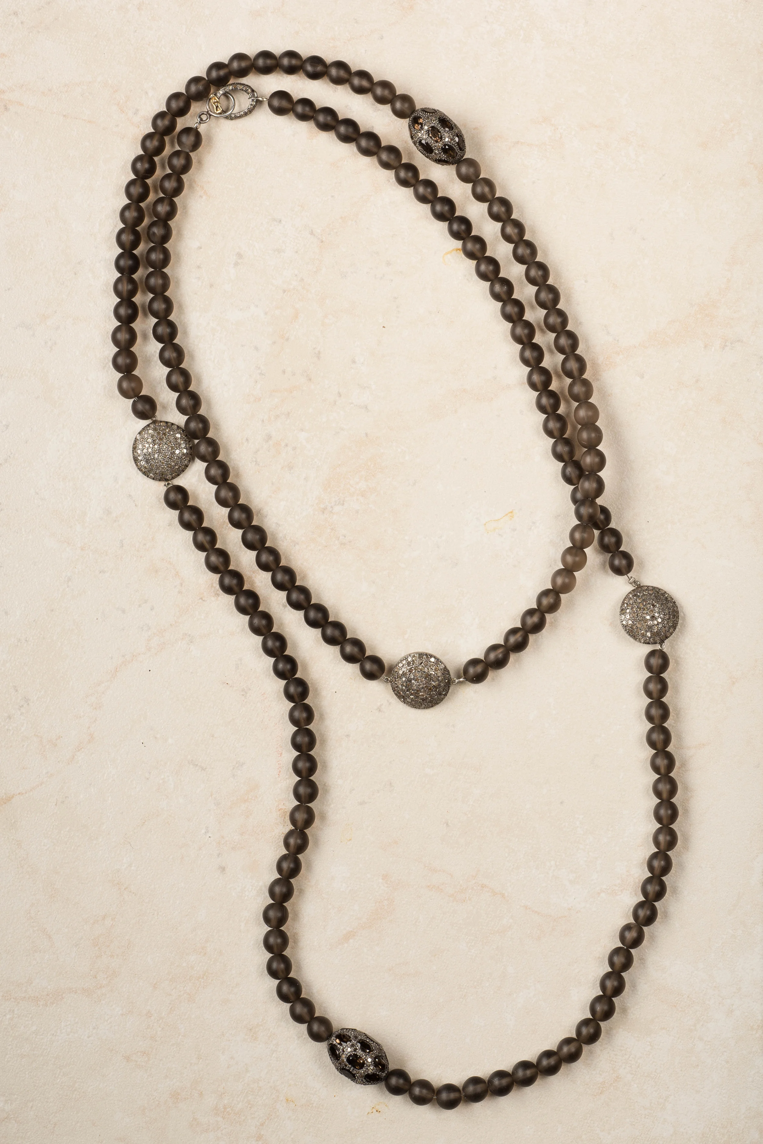 matt smokeyquart, diamond bead,diamond disc necklace/n19