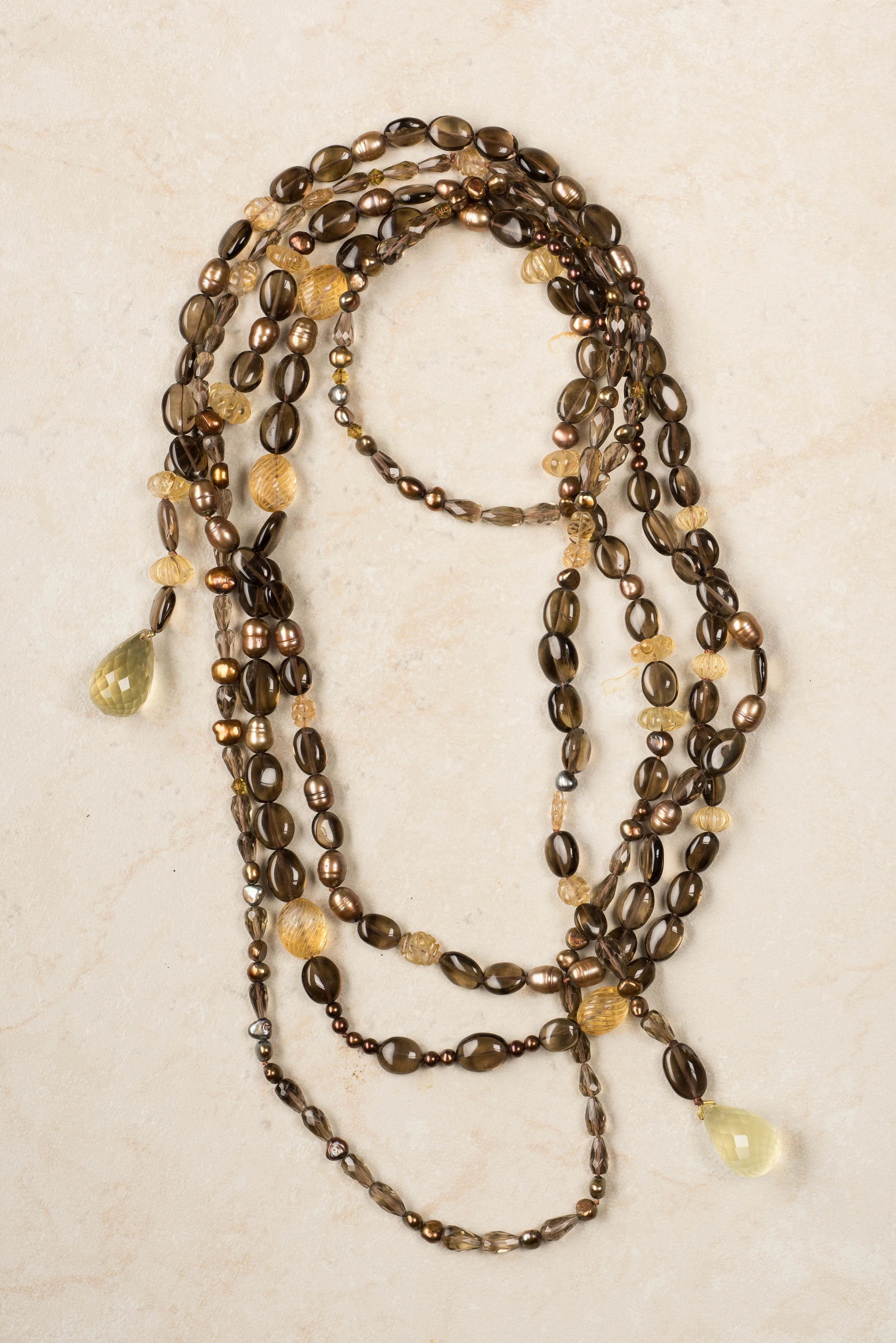 lariette/yellow citrine briolette, topaz and smoky quartz,dyed brown baroque pearl/n29