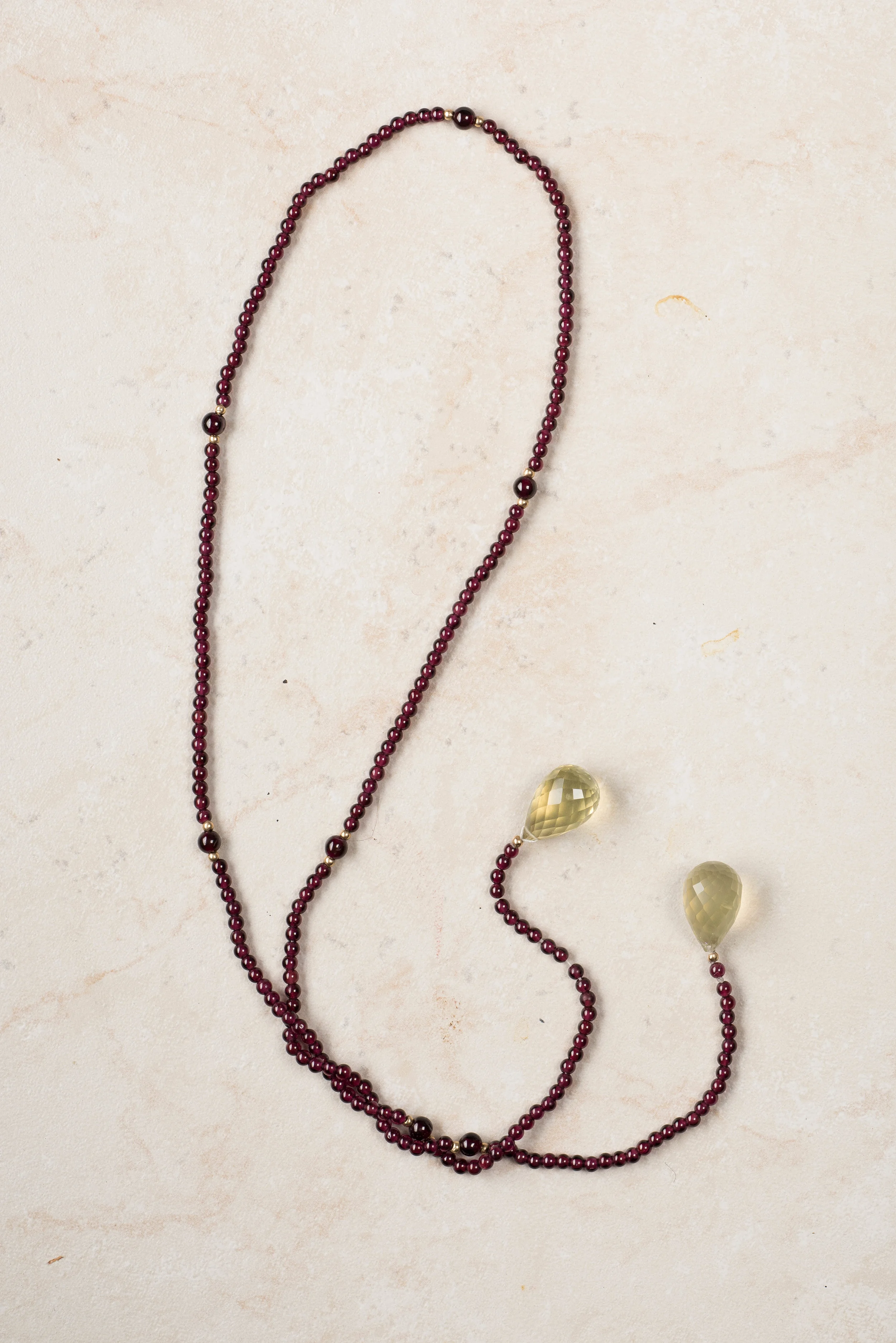 garnet, gold bead, citrine large briolette lariat/n92
