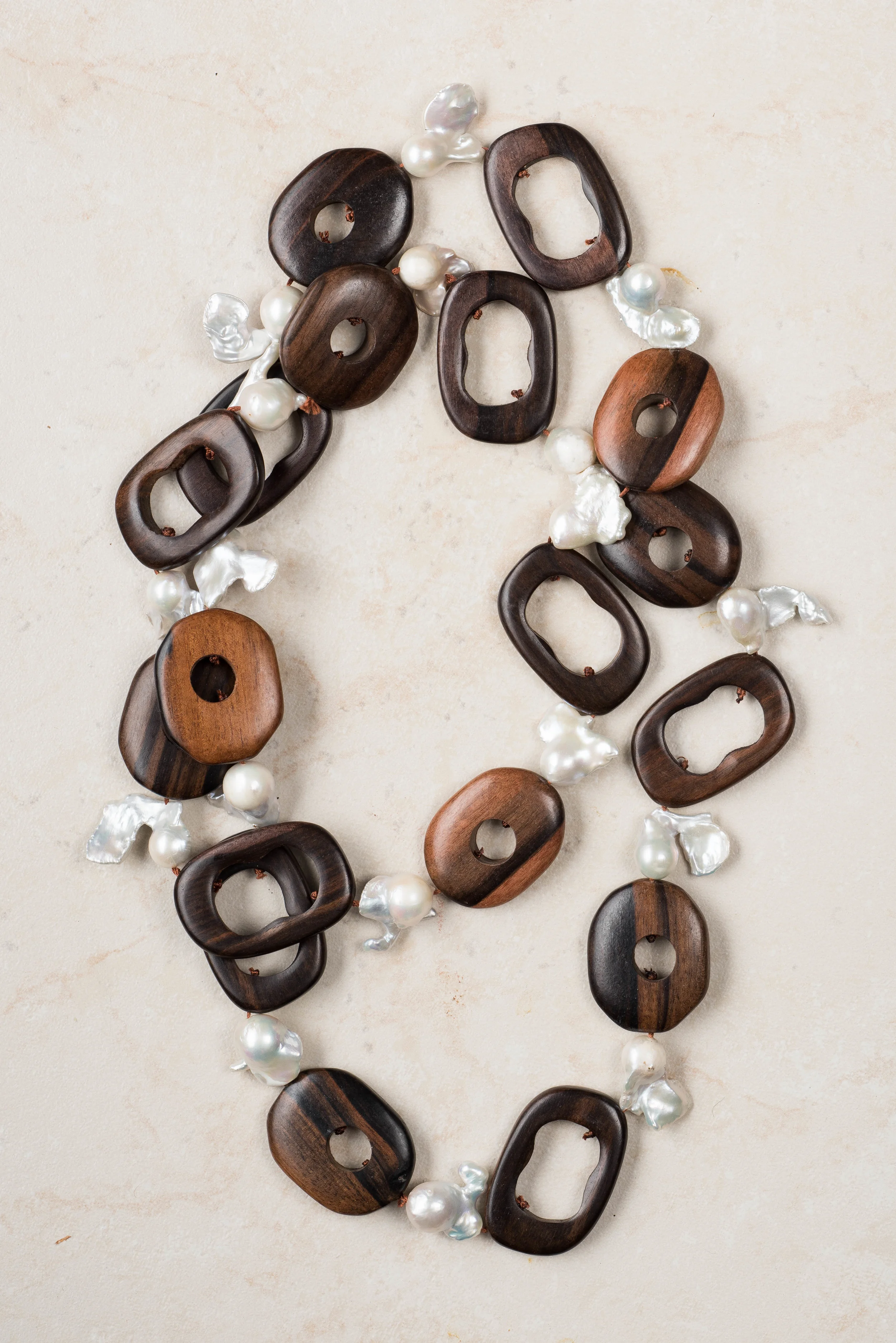 wood and baroque pearl necklace/n101