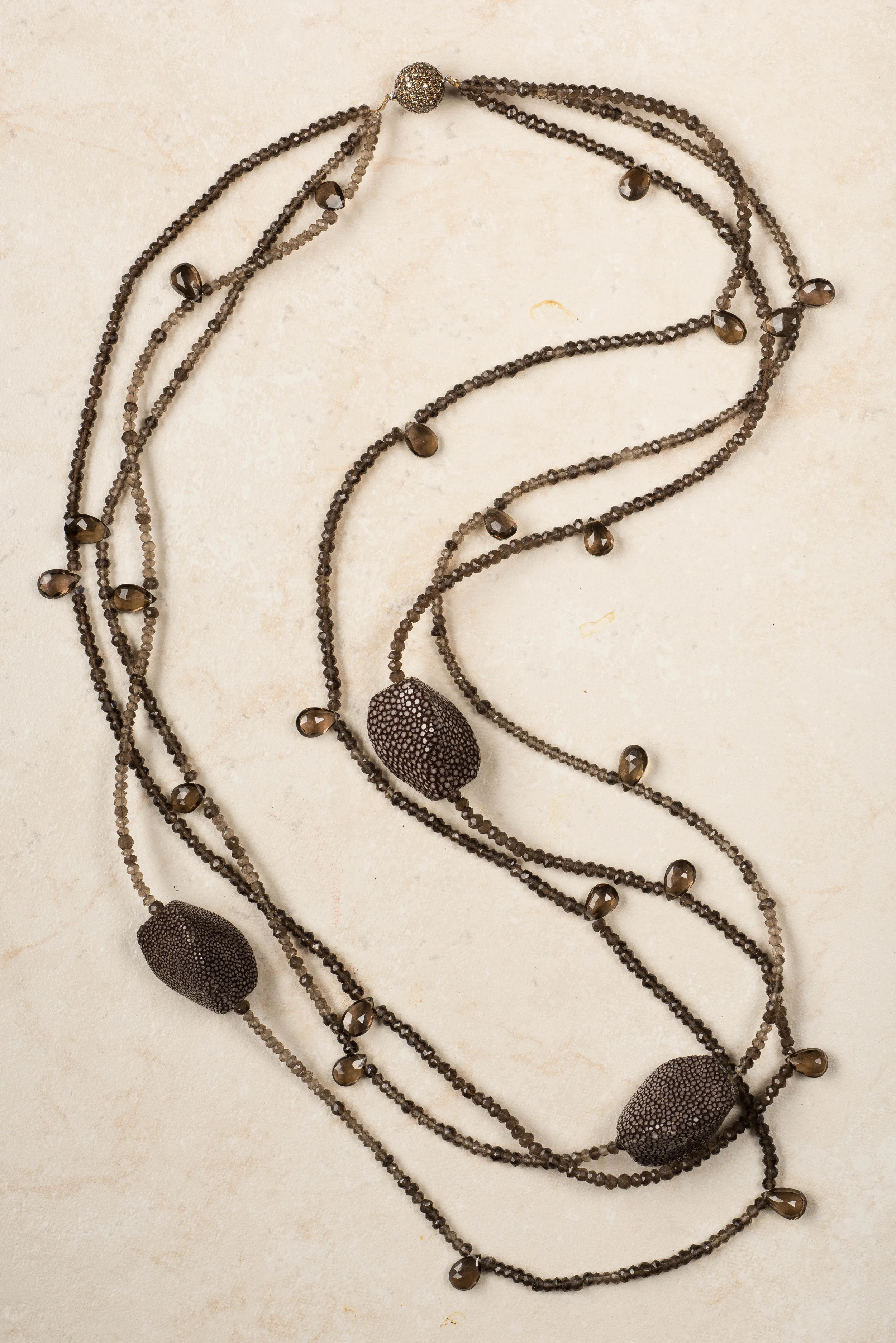 smoky topaz bead and briollette , brown chagrine large beads/n20