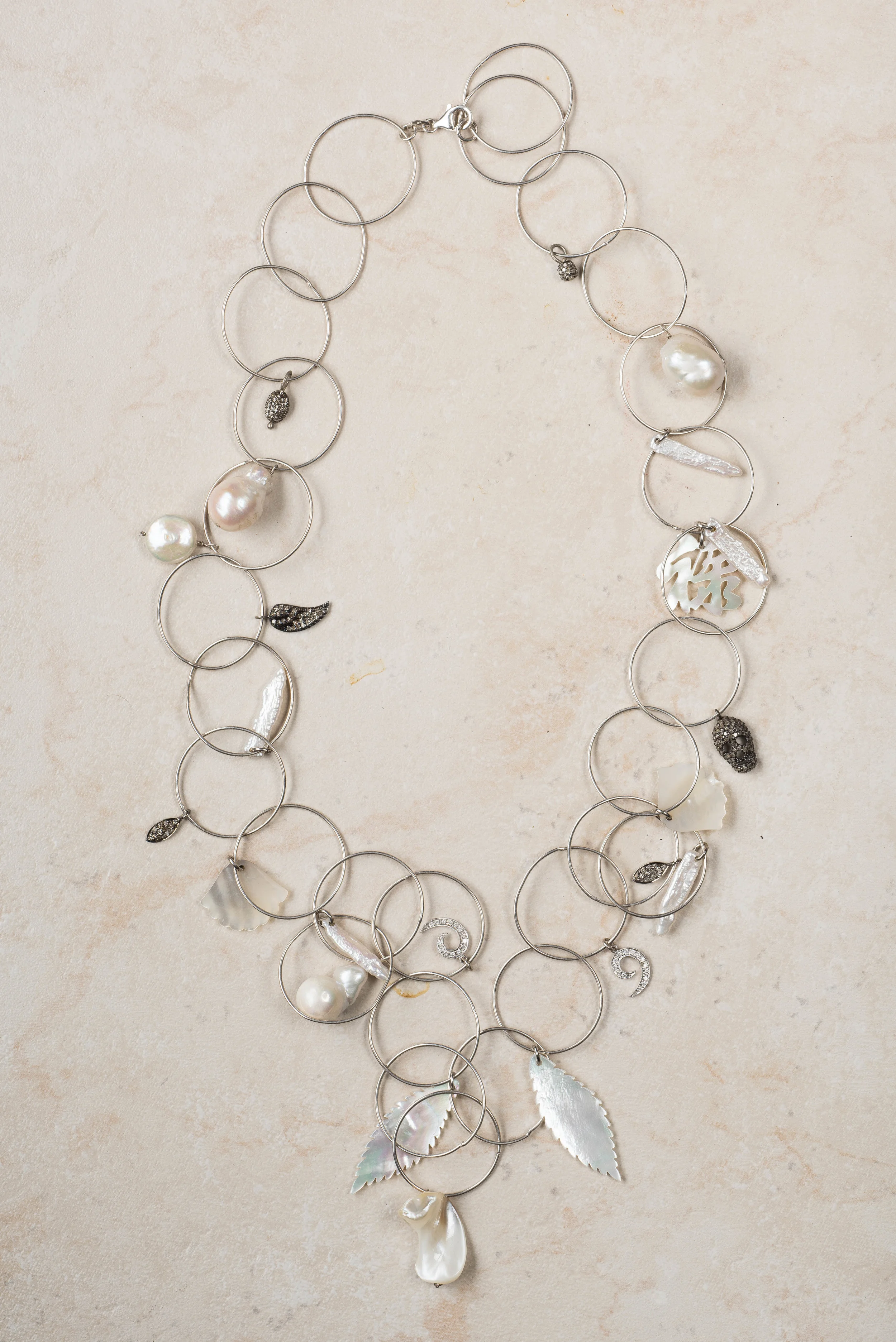 silver, 8 diamond charm, pearl charm necklace/n141