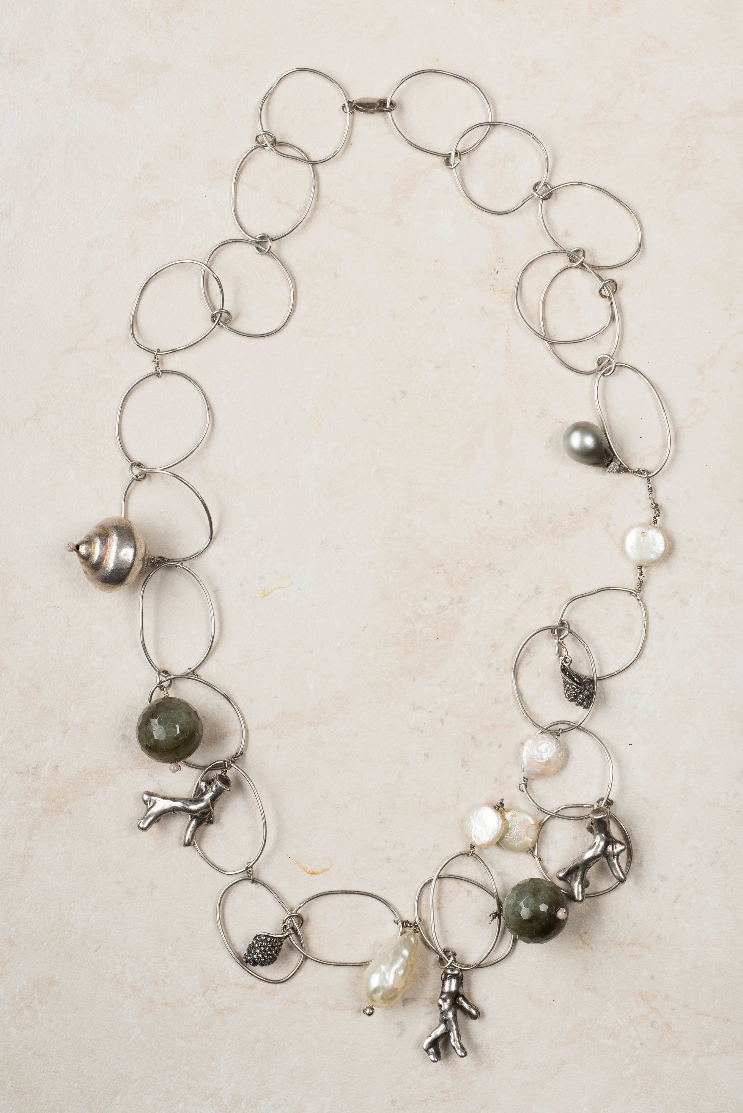 3 diamond charm, labradorite, and silver charm necklace/n142