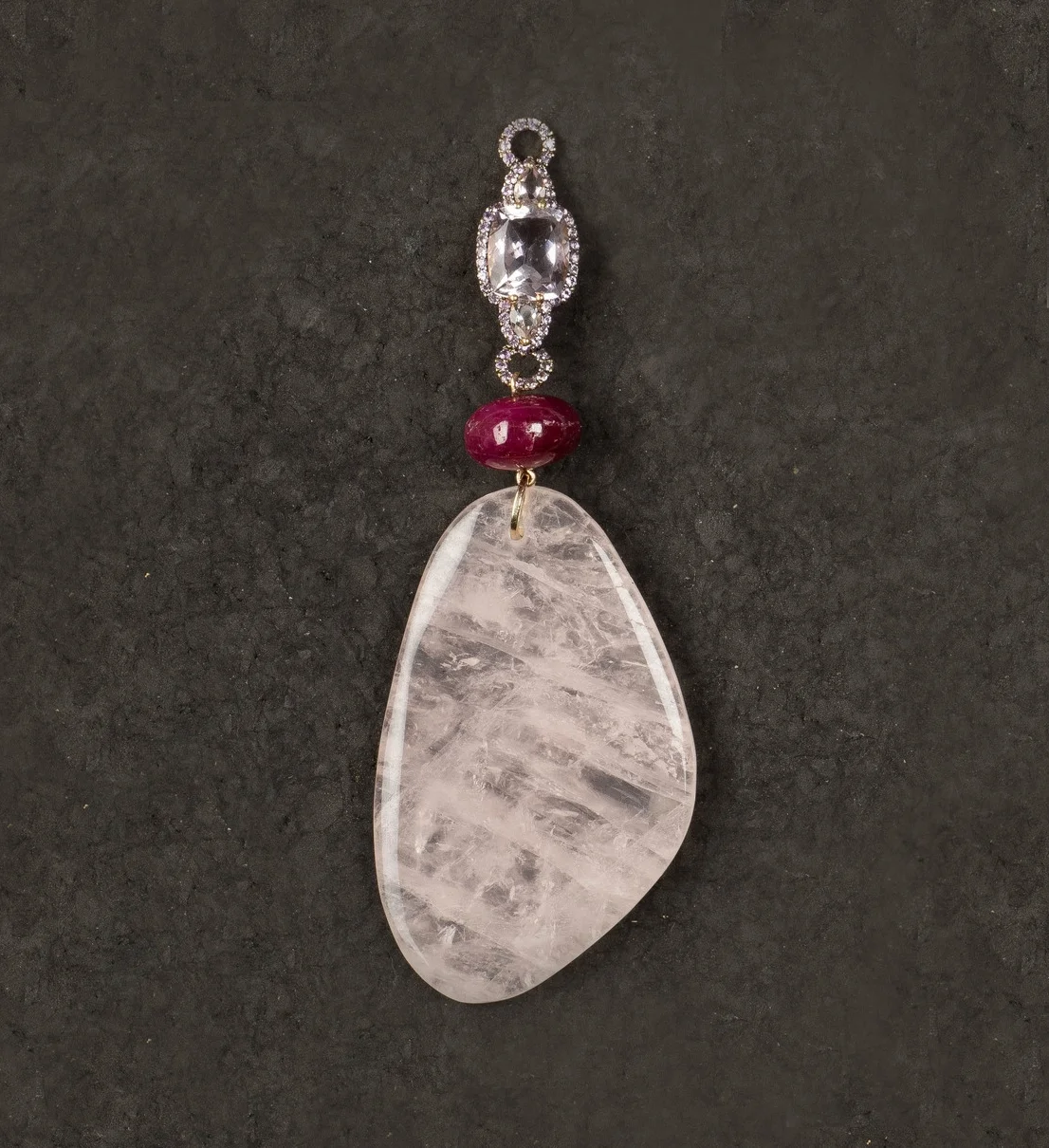pink quartz pendant trimmed with ruby bead and  pink topaz connector/p47