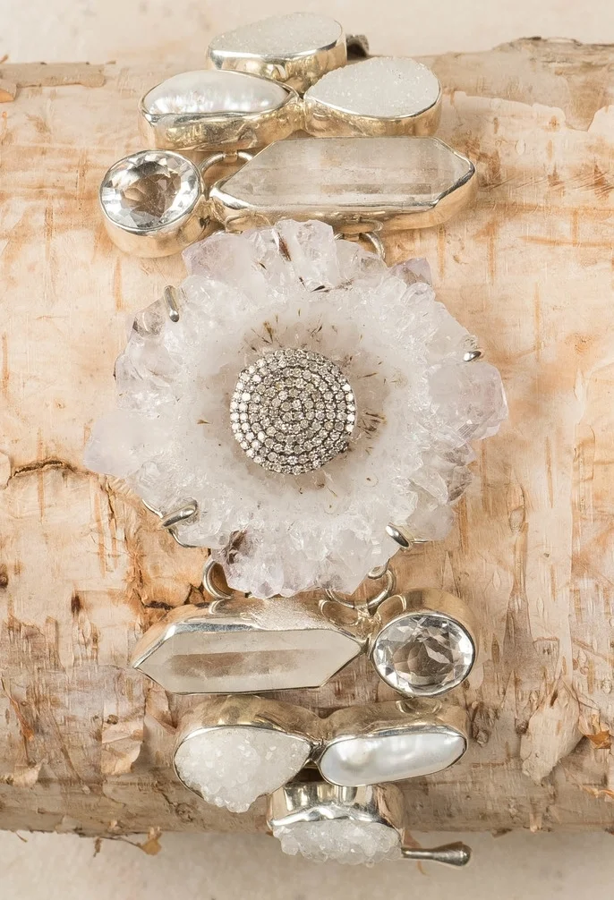 pearl, quartz, matt crystal, diamond disc set in silver/b36