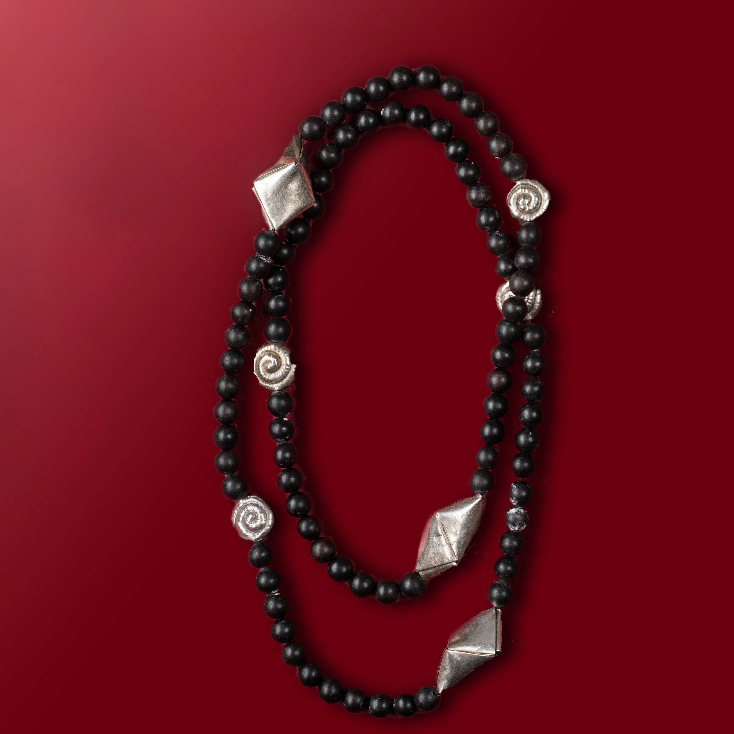 silver and wood bead necklace/n112