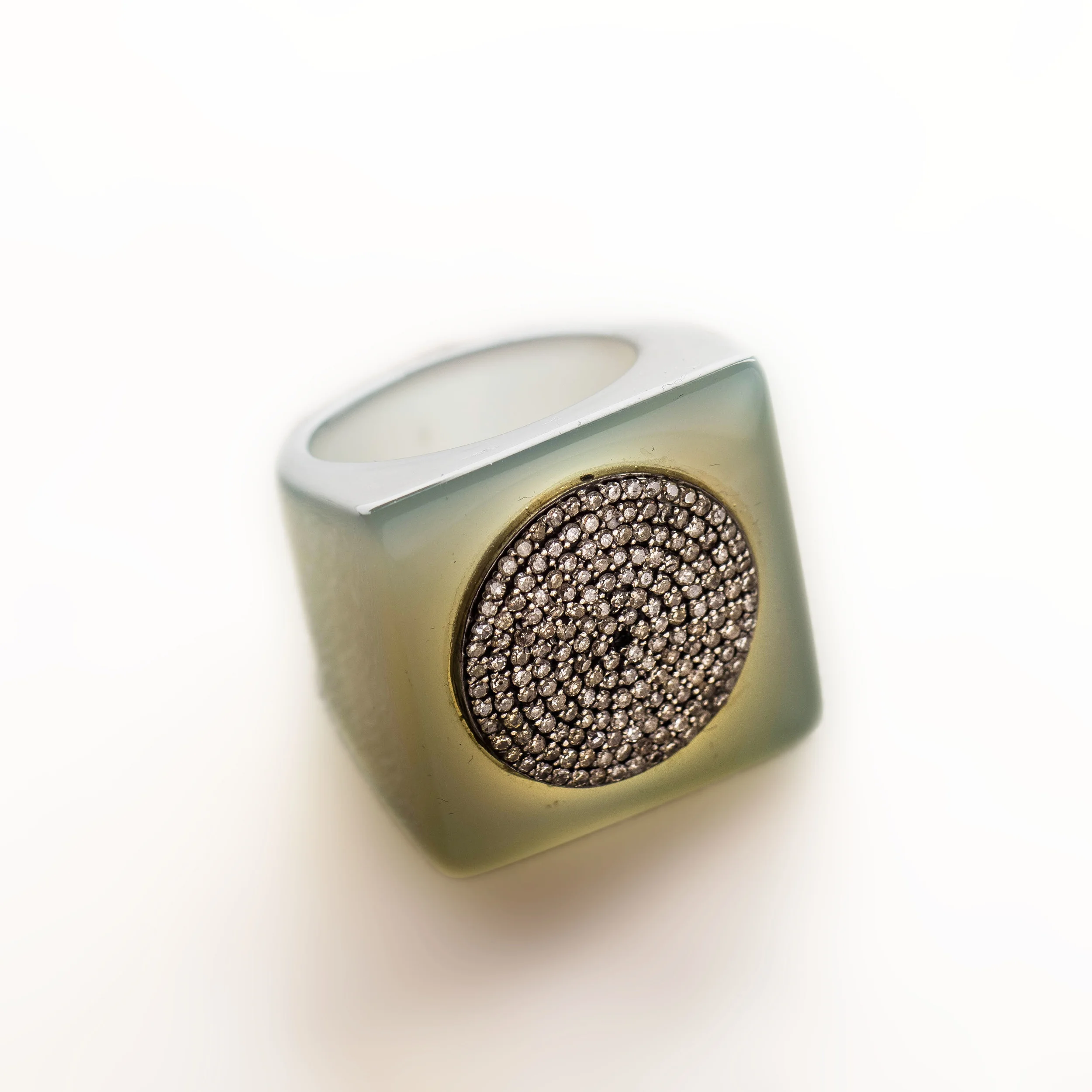 blue agate stone ring with diamond pave disc/r161