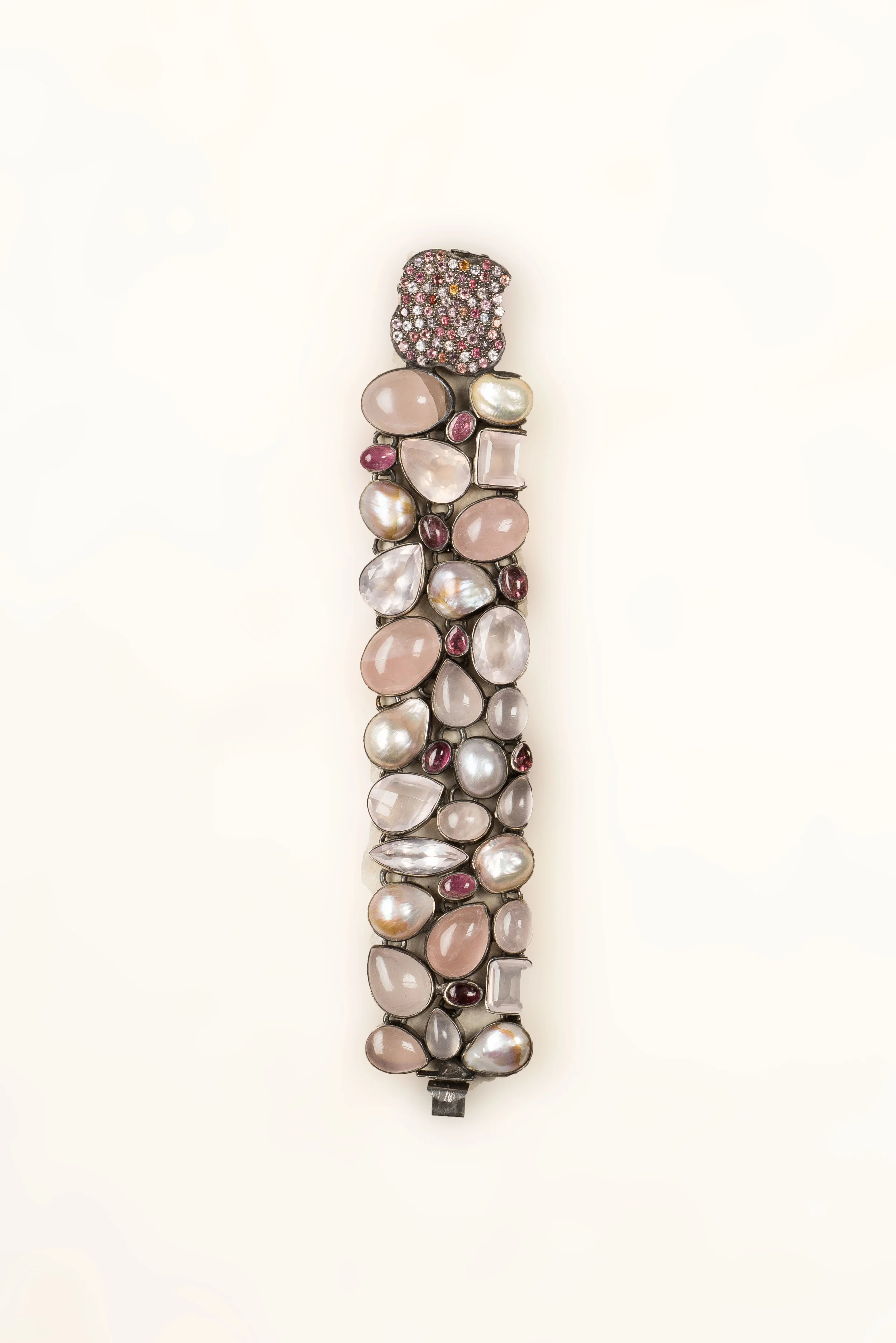 pearl , pink, white quartz, pink topaz,  set in dark silver/b138