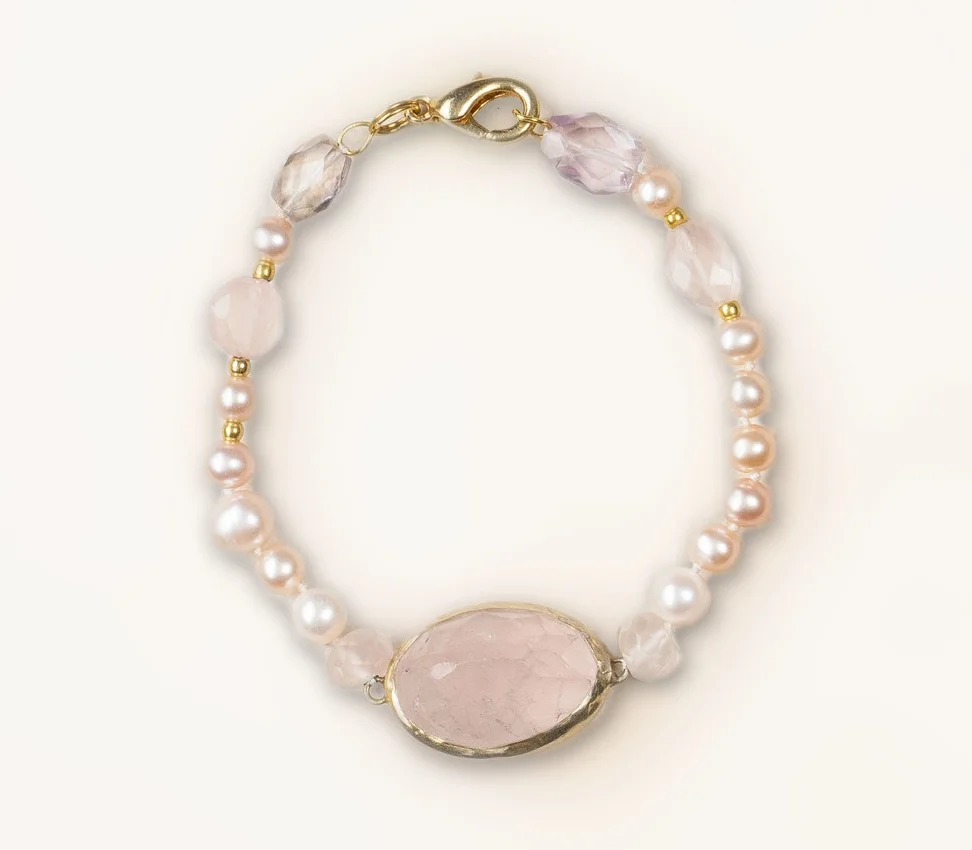 pink pearl, 14 carat gold accents, pink quartz/b136