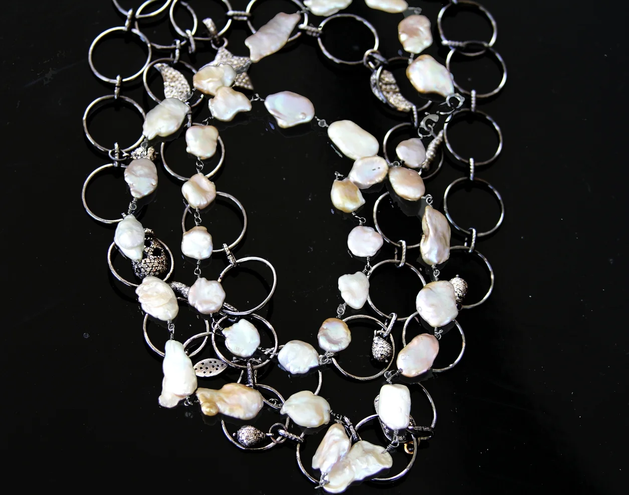 diamond and silver chain necklace layered with pearl chain/n193