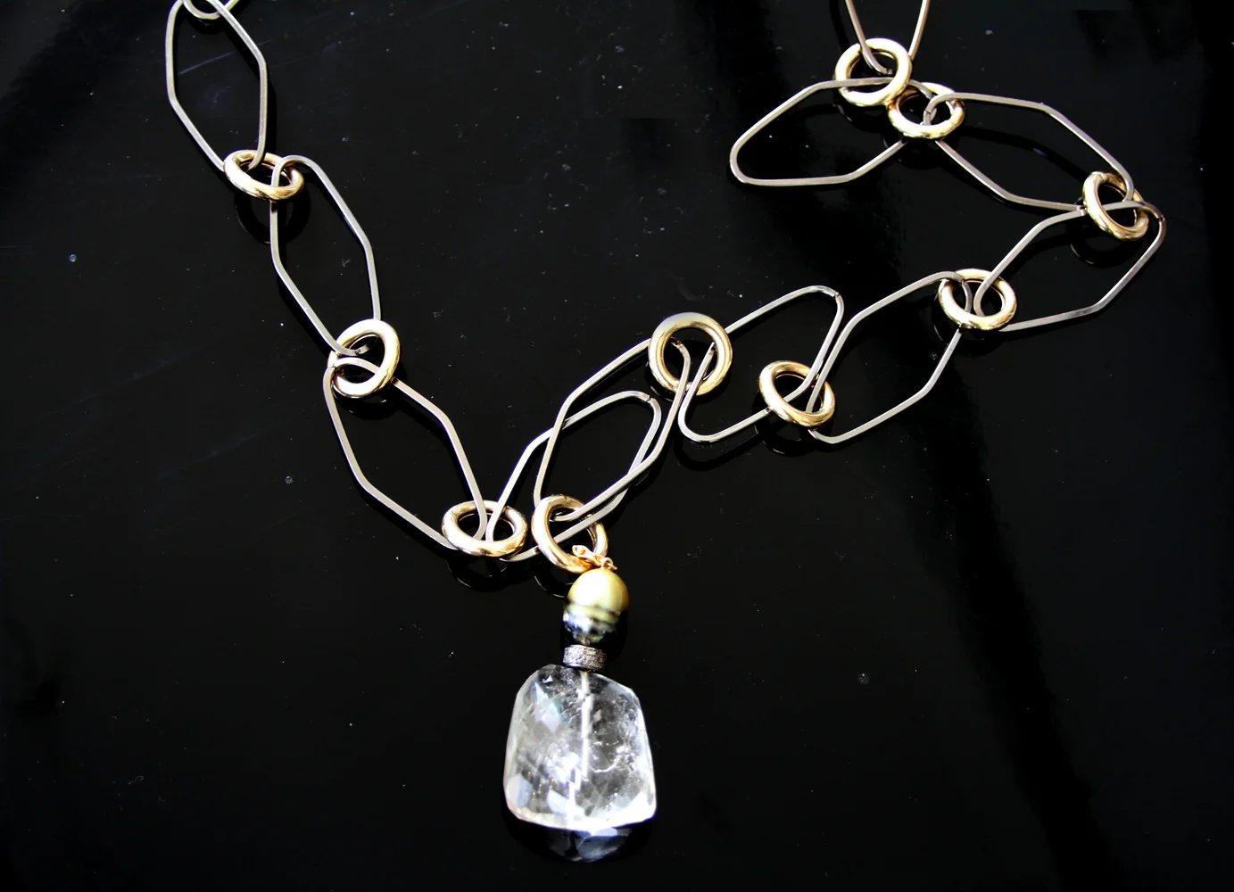 14K/steel link with crystal and pearl pendant/diamond accent/n194