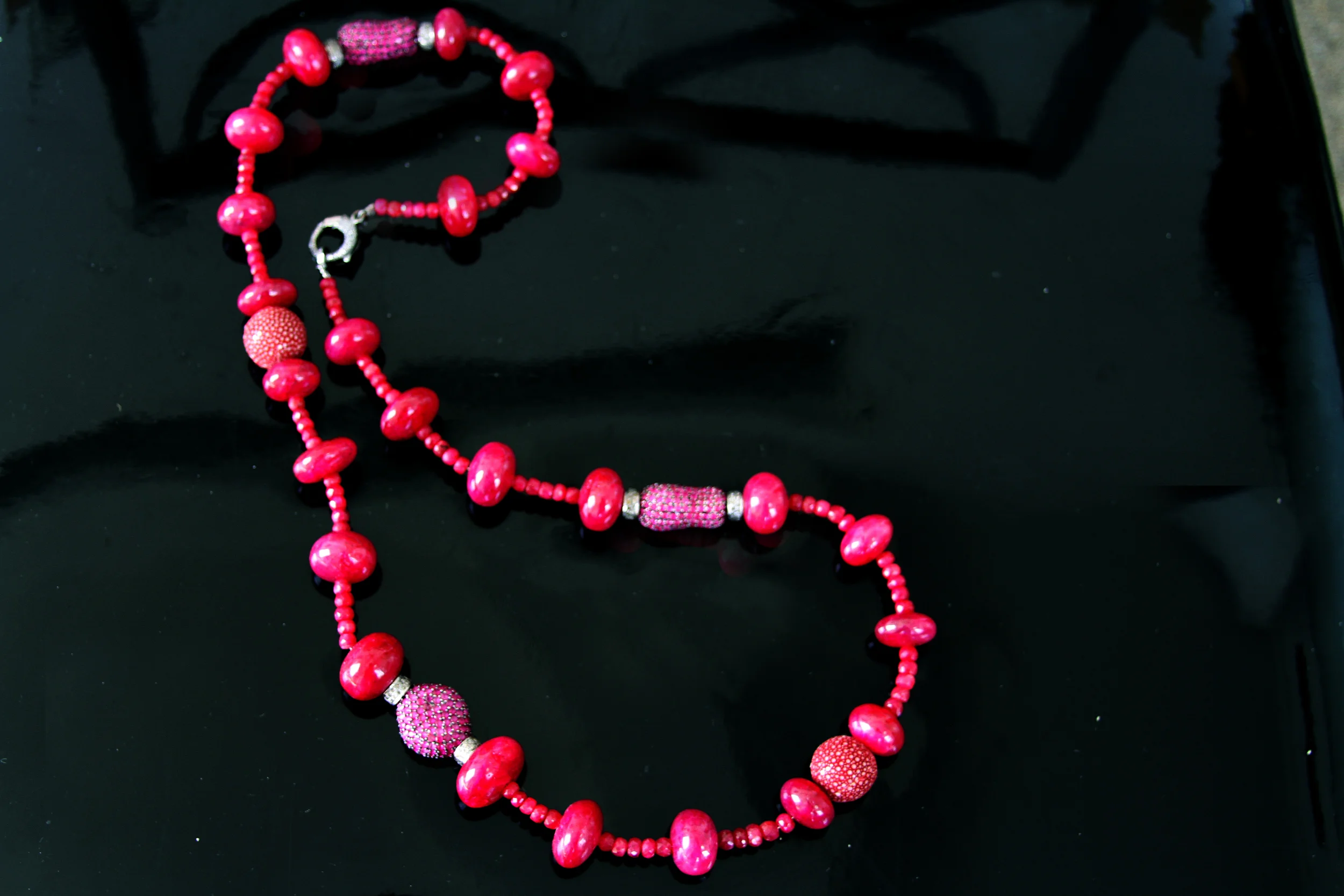 ruby pave beads,rubellite,shagreen beads,diamond accent necklace/n203