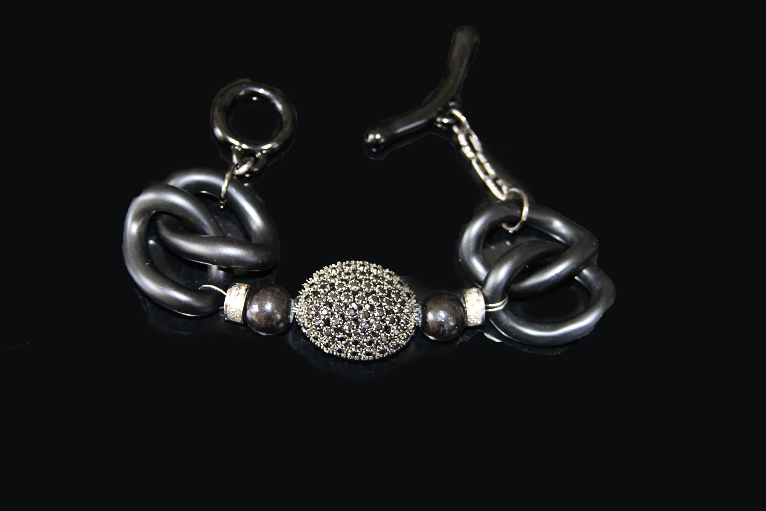 black diamond bead/white diamond bezel chain bracelet/b200