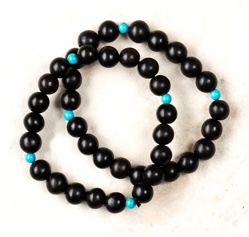 pair, black wood bead, turquoise stretch/b125 