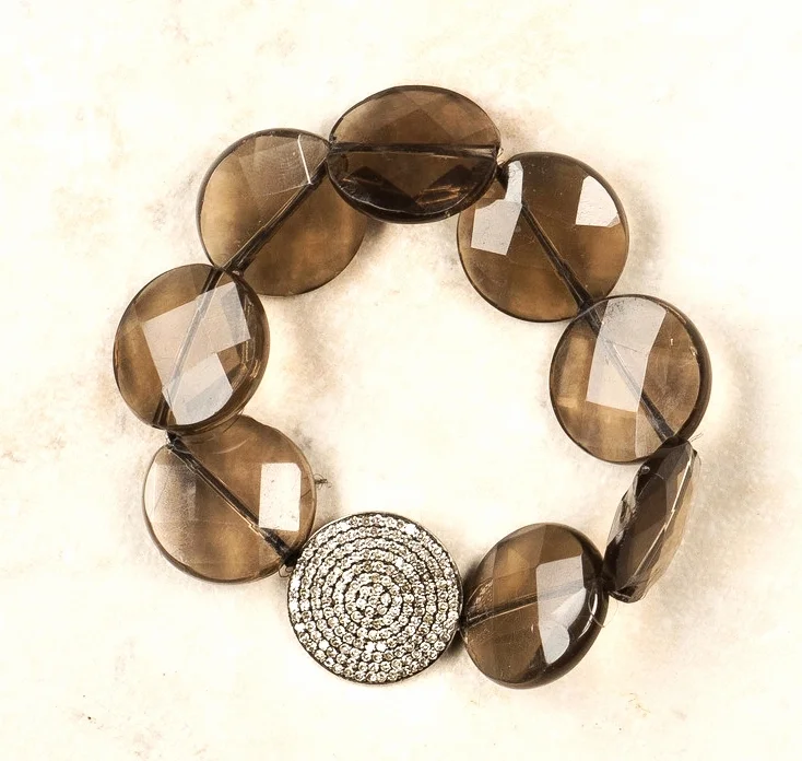 smokey quartz/pave diamond disc/stretch/b77