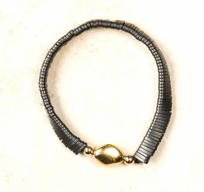 steel, 14 ct gold bean and bead/stretch/b69