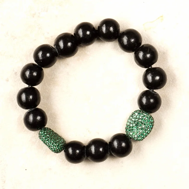 emerald bean beads, black wooden beads/stretch/b63